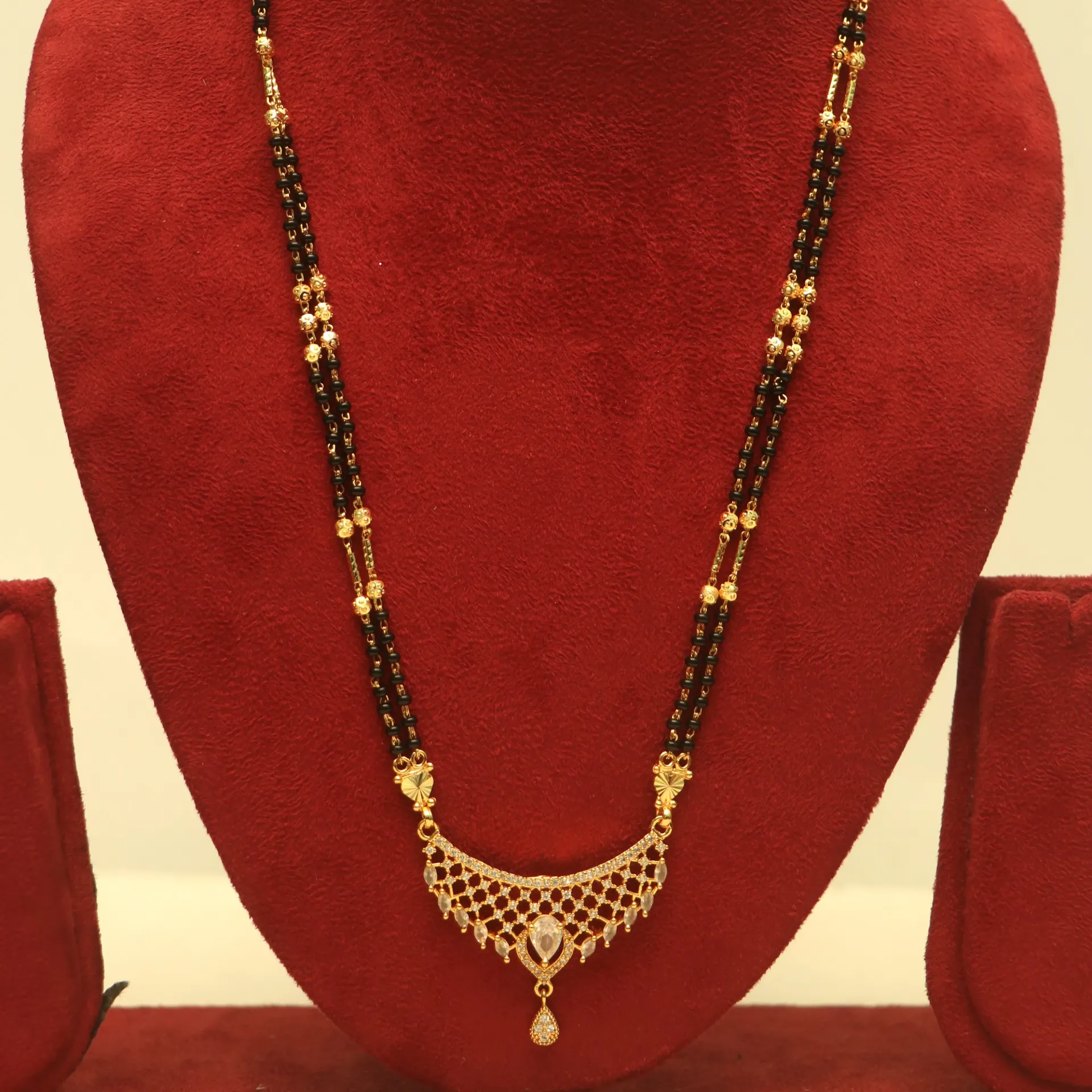 [NECKLACES-00798] Arihant Double-Strand "Moti-Veni" Traditional Mangalsutra with CZ Lattice Pendant