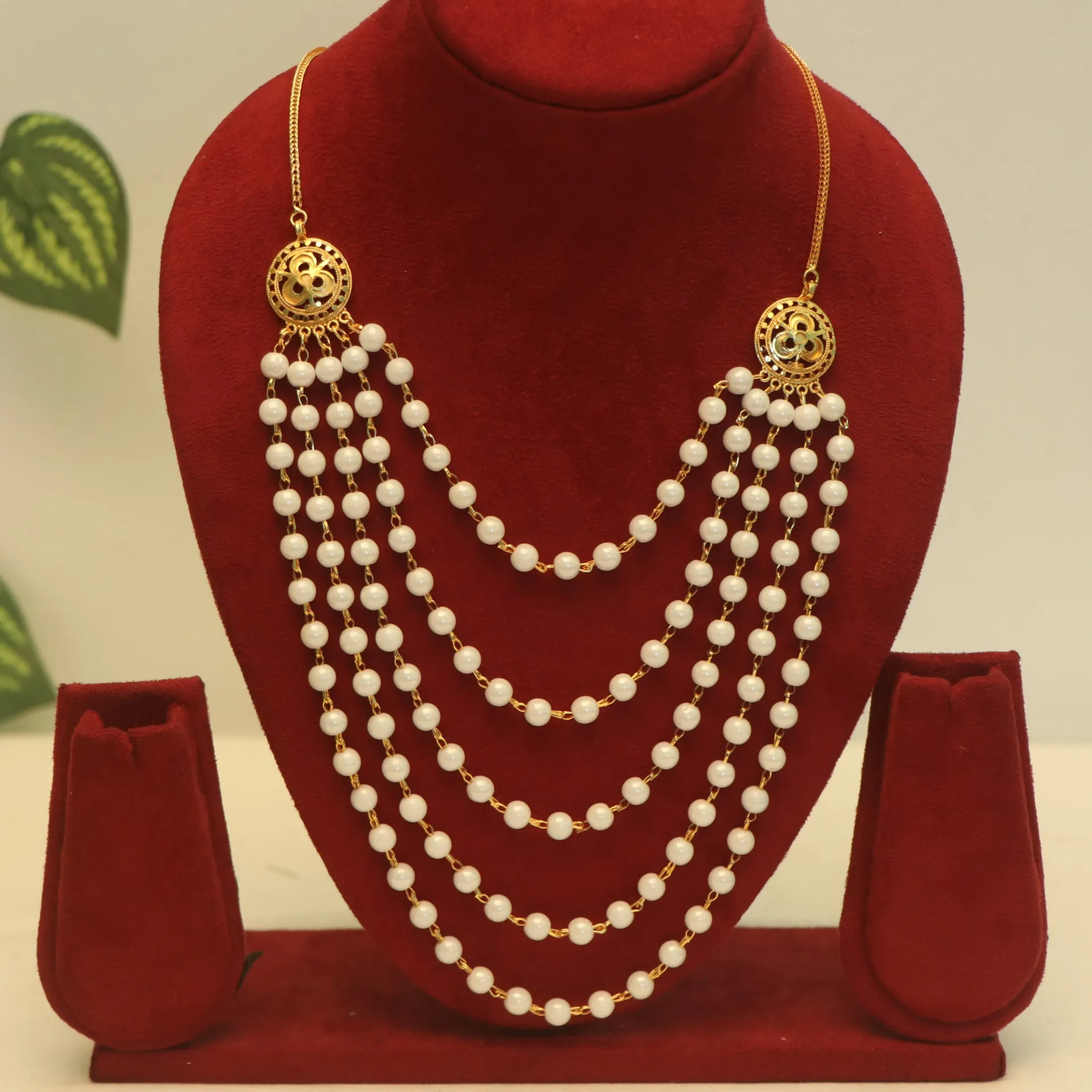 [NECKLACES-00822] SS White Pearl Panchanali Necklace with Gold Accents