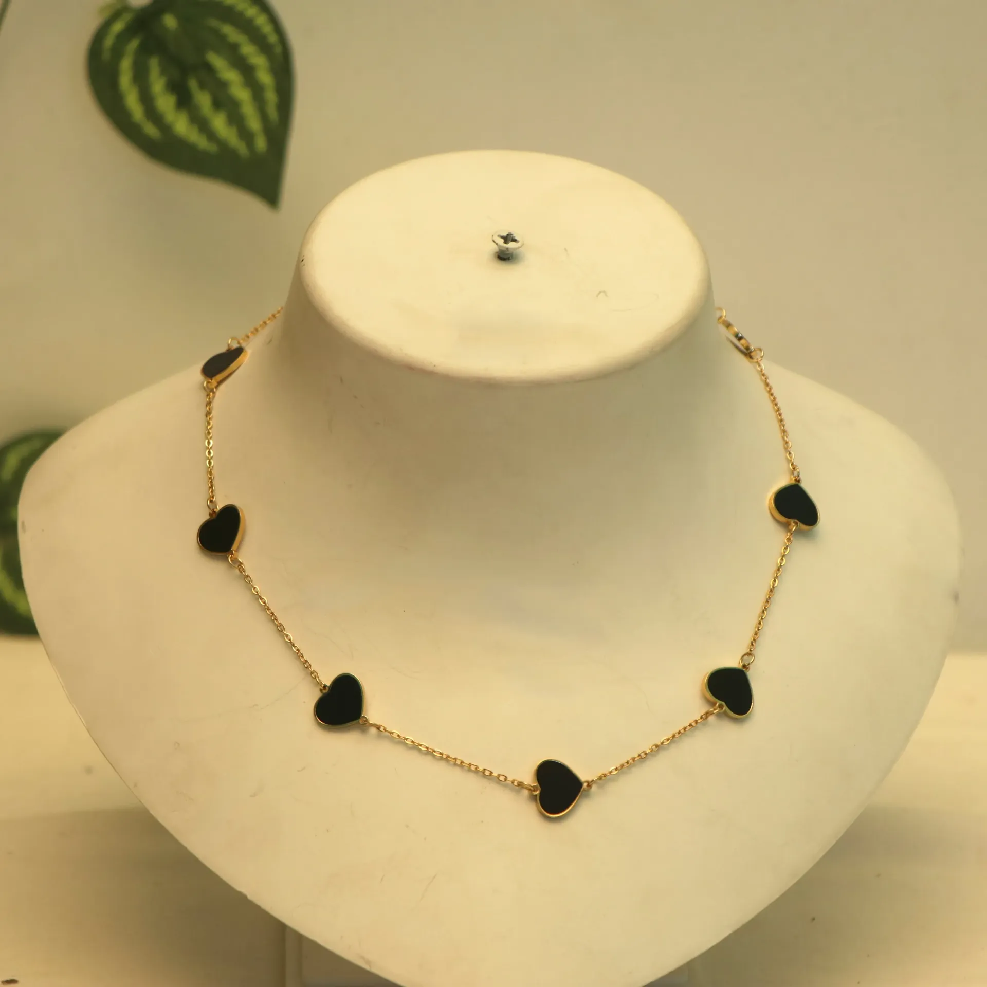 [NECKLACES-01132] SS Black Heart Enamel Gold Chain