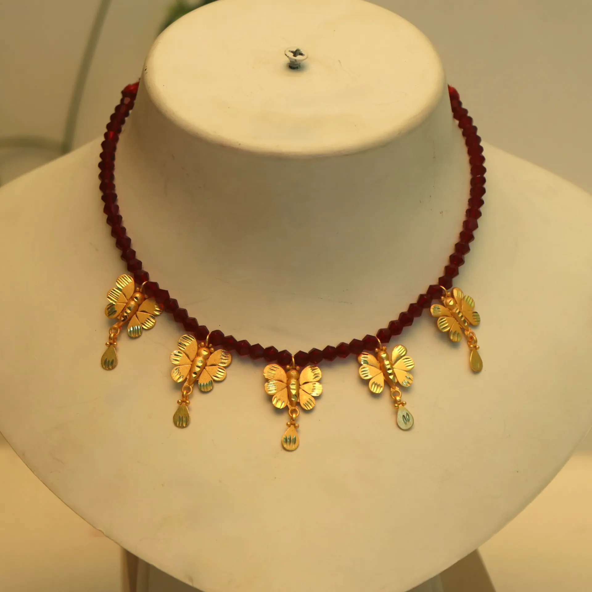 [NECKLACES-00875] SS Royal Monarch Red Bead & Butterfly Pendant Set