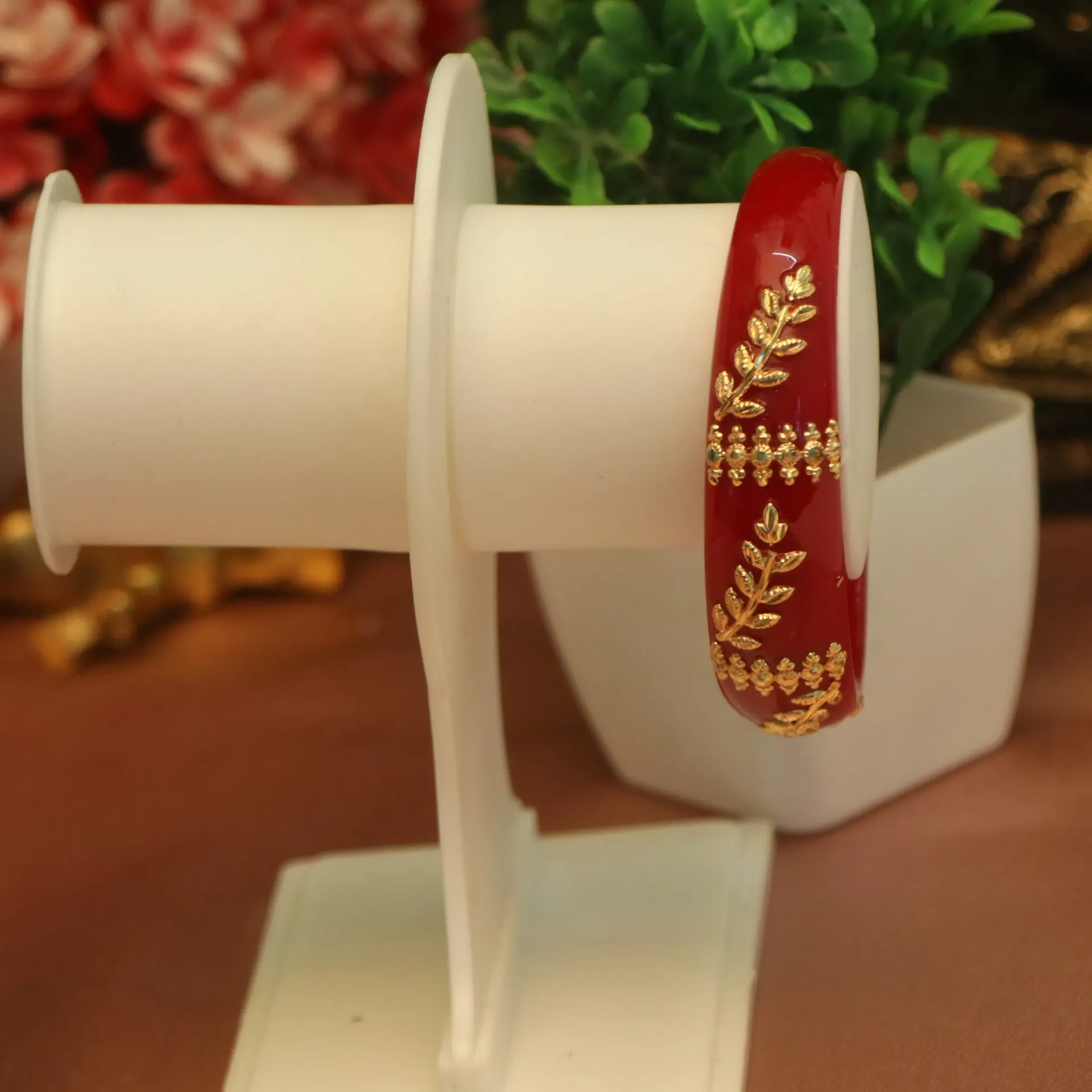 [BANGLES-00887] Shreehari Golden Leaf Maroon Pola Badhano Bangle