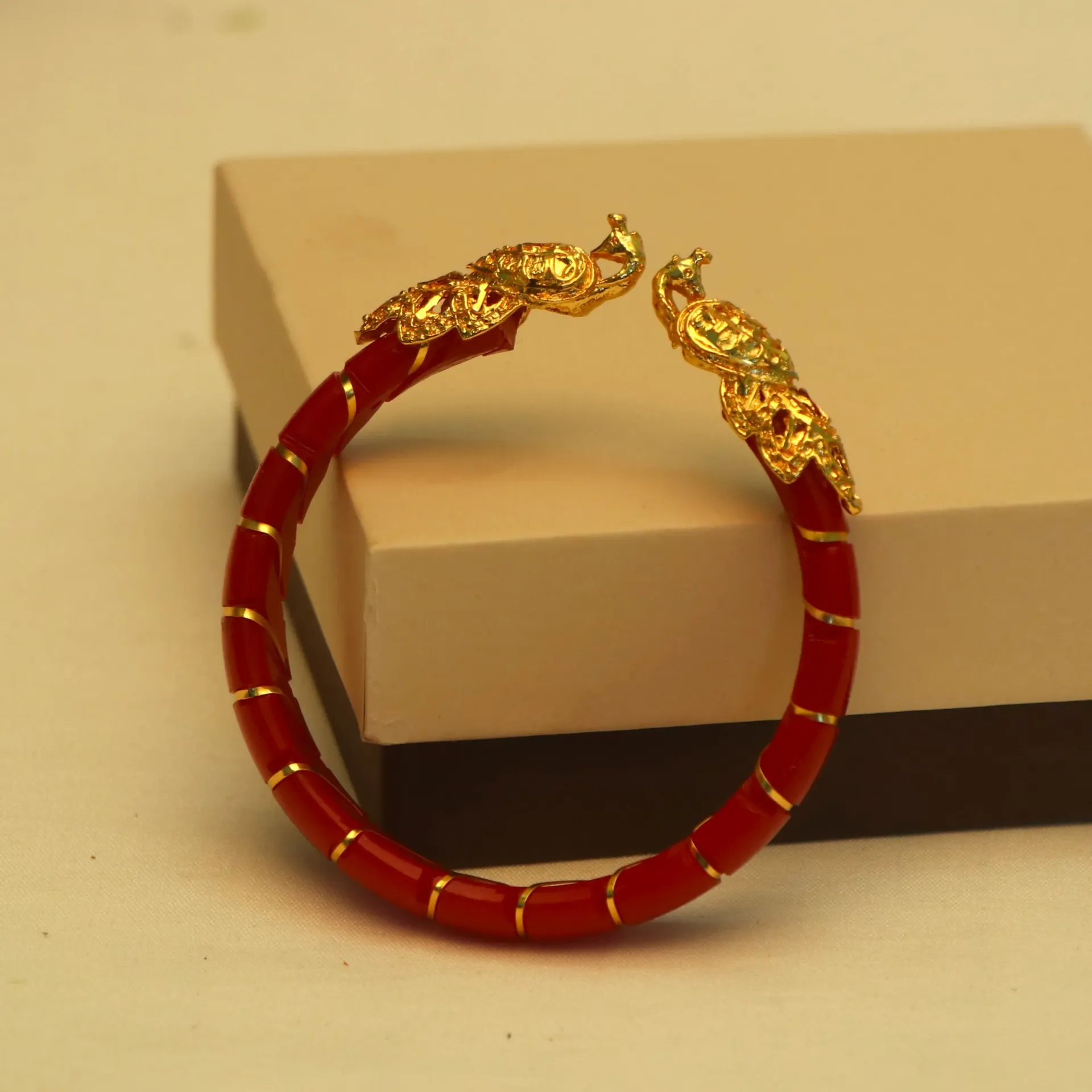 [BANGLES-00892] Shreehari Mayur-Mukhi Gold Plated Red Pola Kada