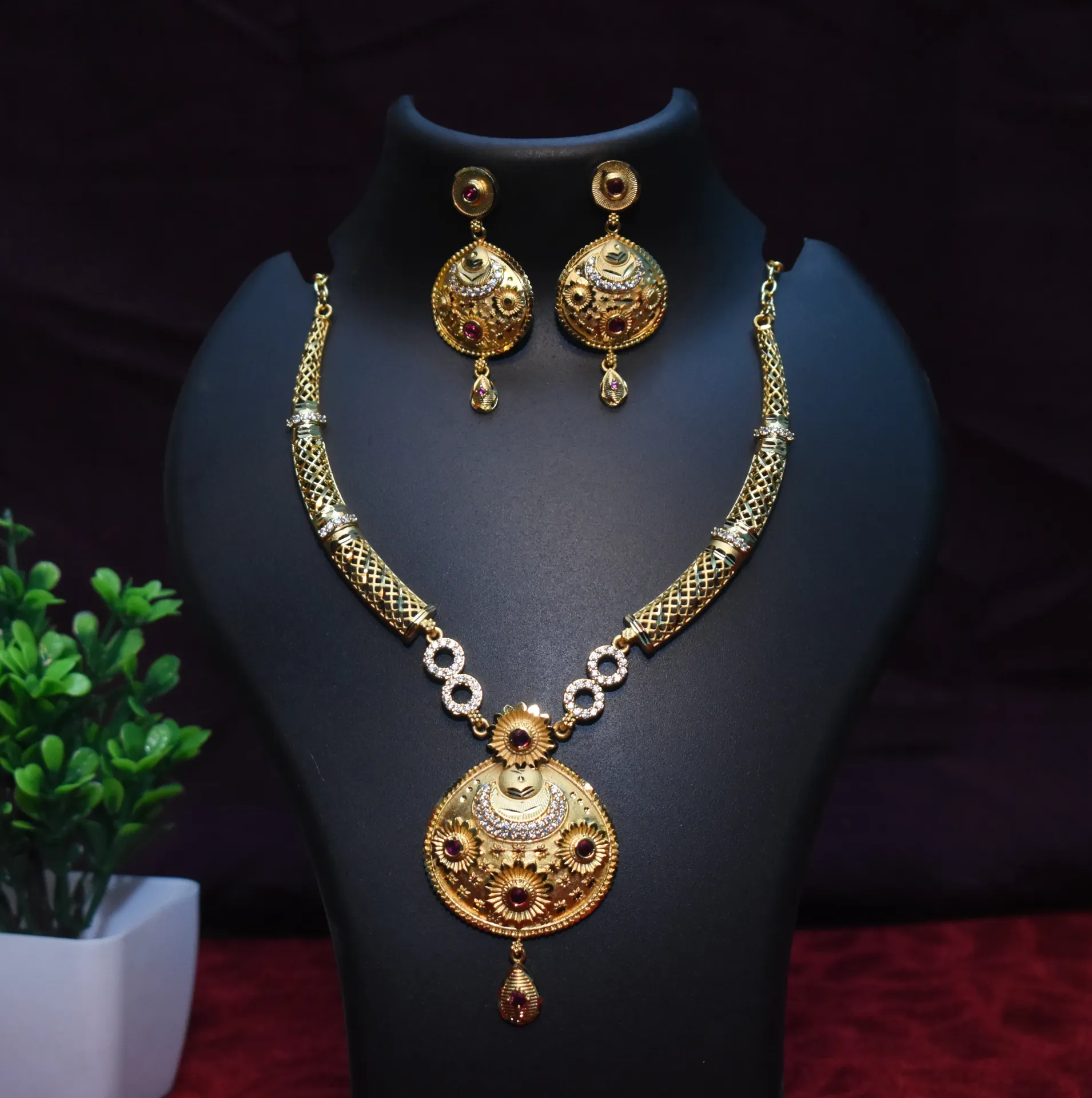 [NECKLACES-00050] Shreehari Heritage Crimson Floral Bloom Antique Necklace Set