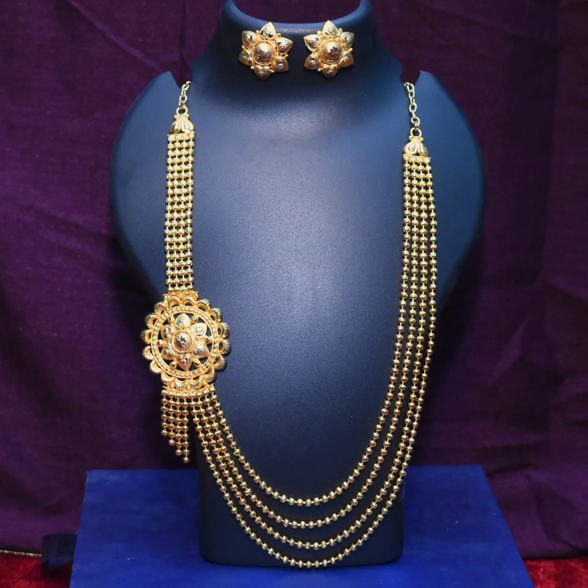 [NECKLACES-00055] Shreehari Classic Gold-Plated 4-Layer Beaded Rani Haar with Side Brooch