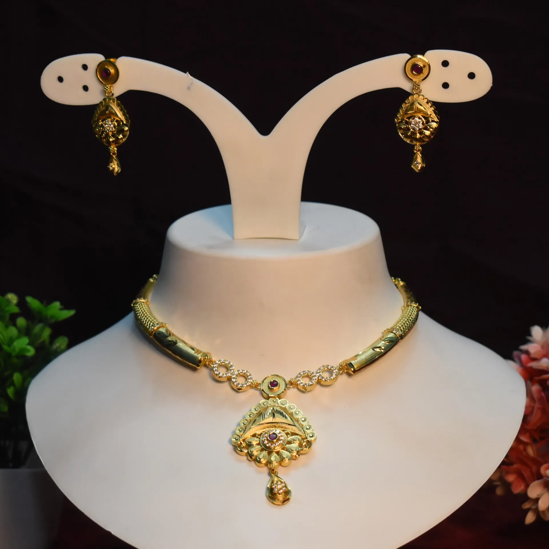 [NECKLACES-00058] Shreehari Divine Radiance Gold-Plated Floral Necklace with Matching Jhumkas