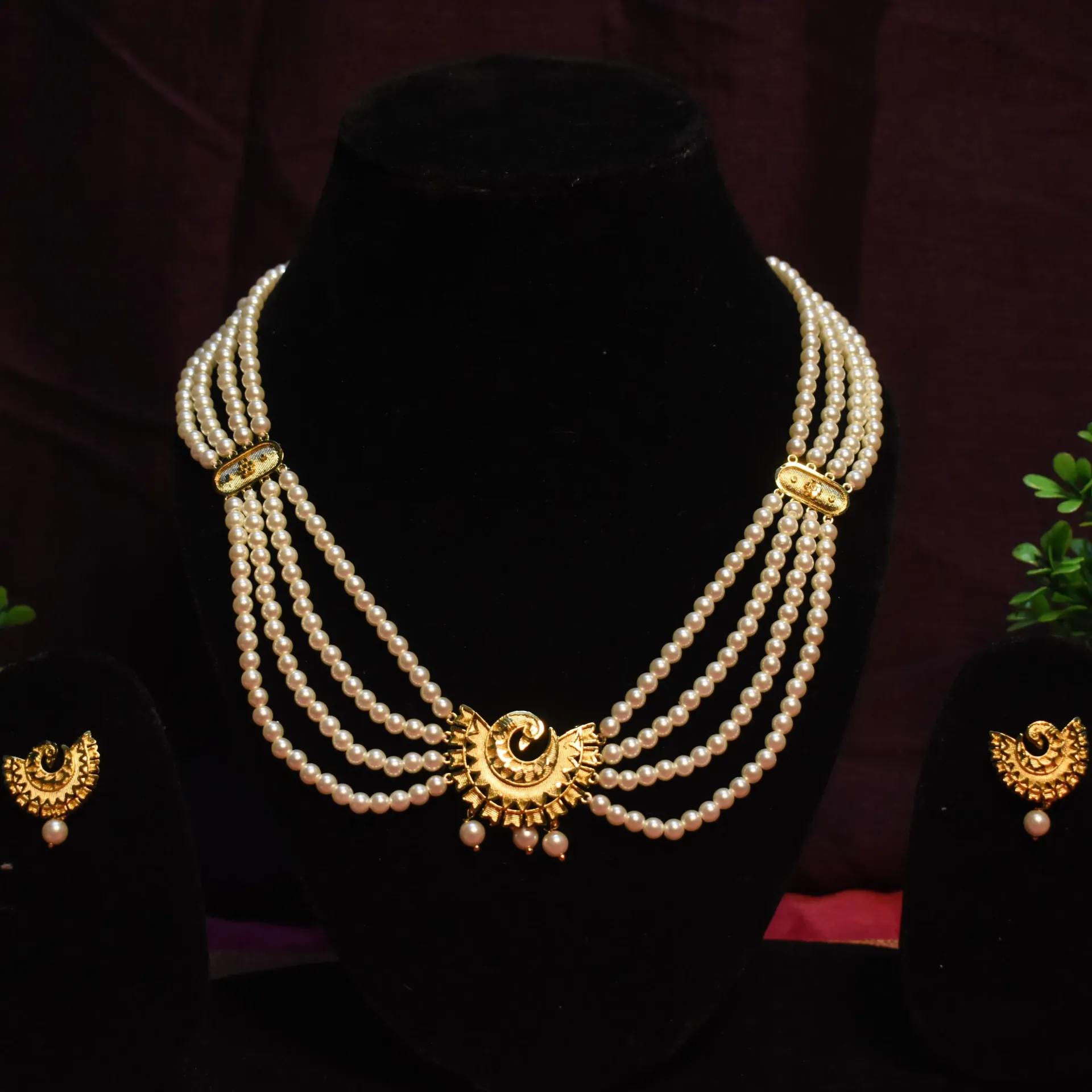 [NECKLACES-00064] Shreehari Gold-Plated Crescent Motif Multi-Strand Pearl Necklace
