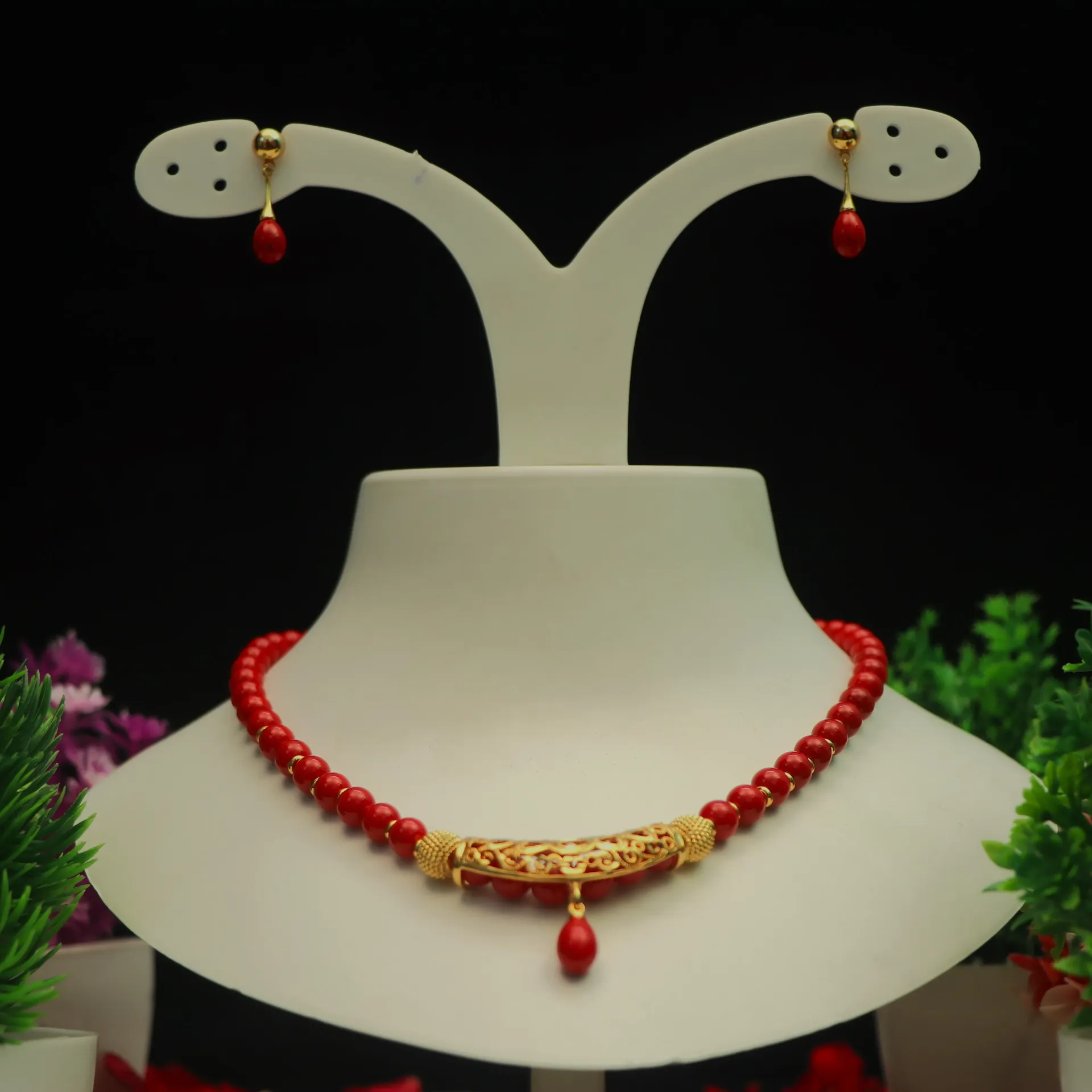 Arihant Classic Red Coral-Style Beaded Necklace with Filigree Pendant Set