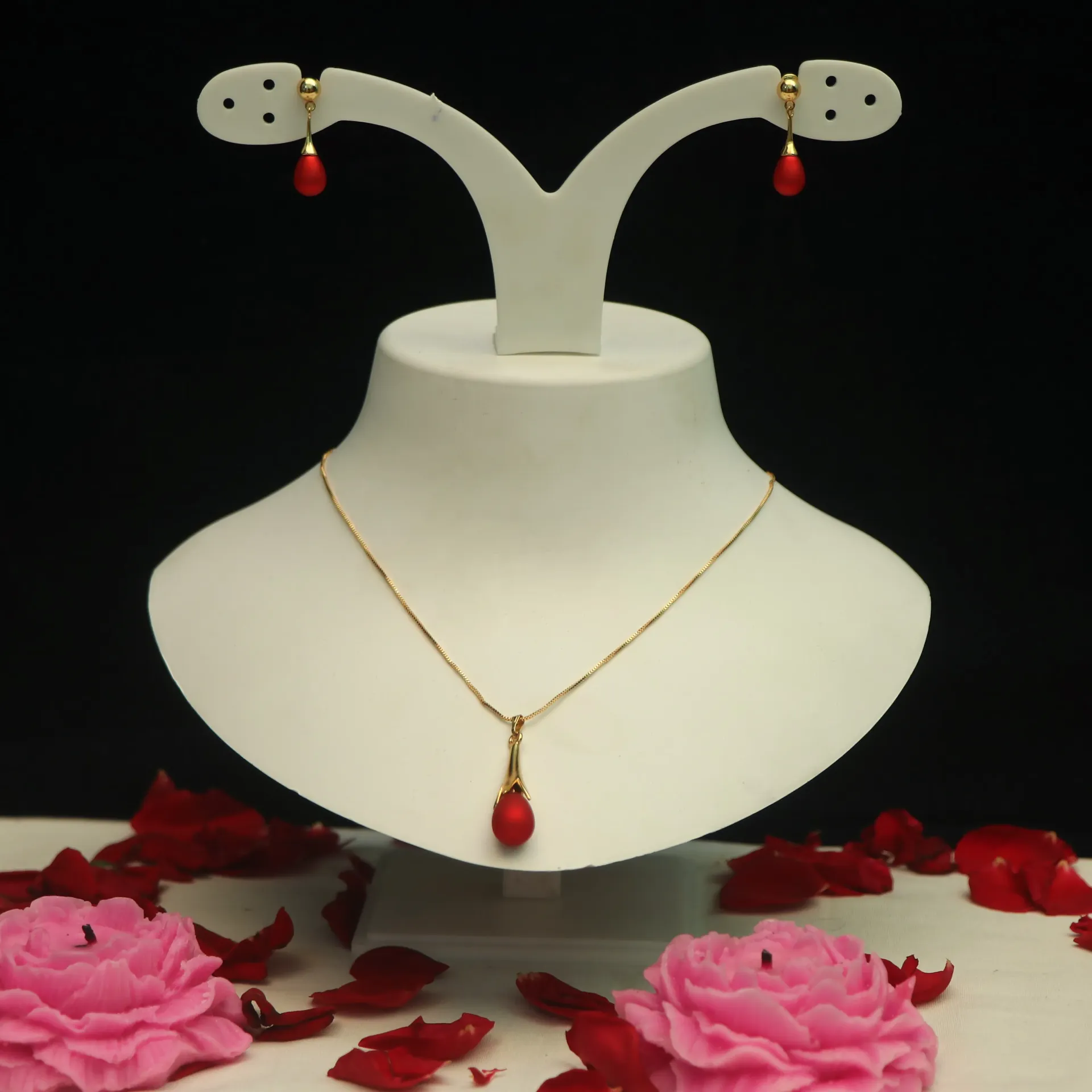 [NECKLACES-00084] Arihant Ruby Red Matte Chain Necklace & Earring Set