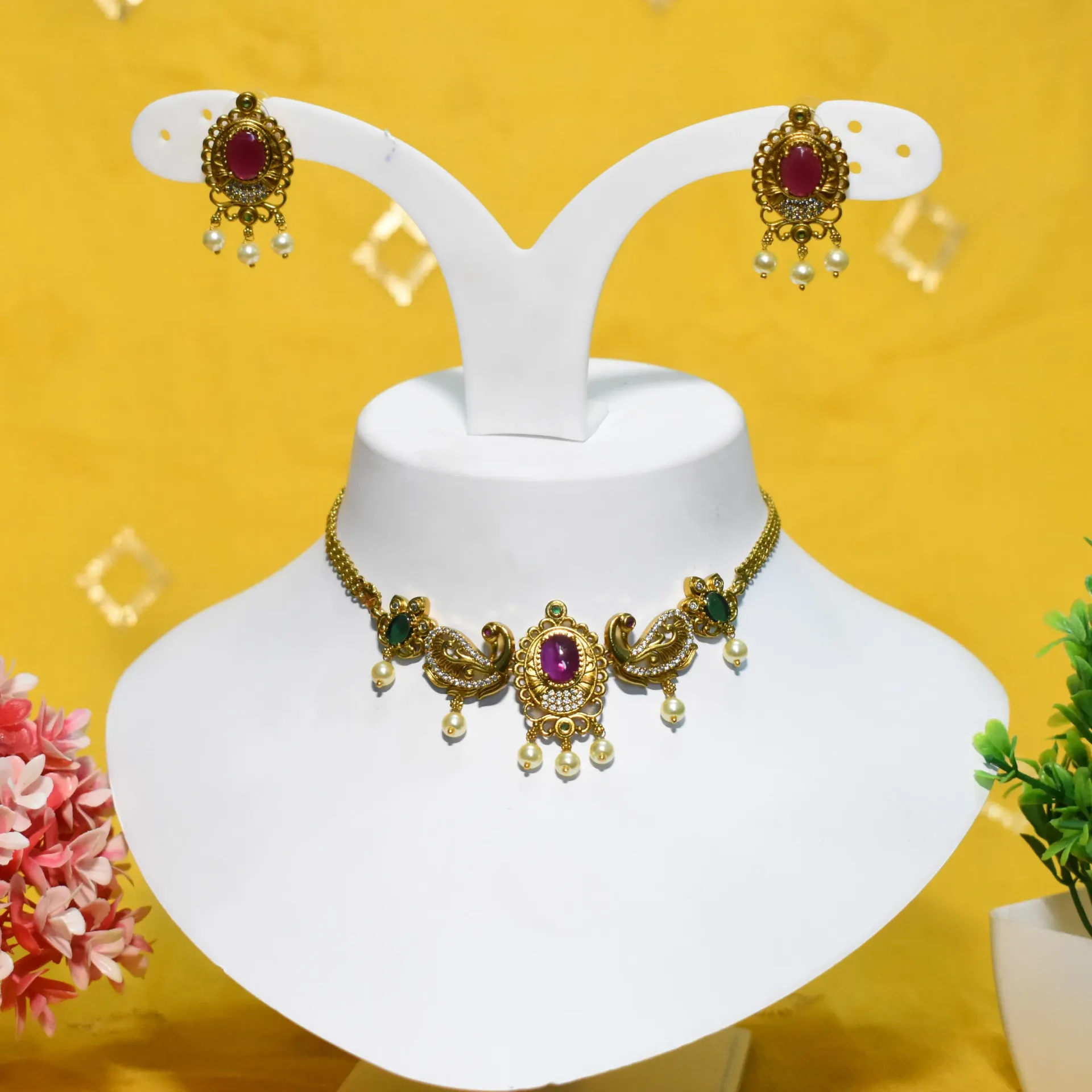 [NECKLACES-00156] Royal Rajwada Peacock & Ruby Choker Set