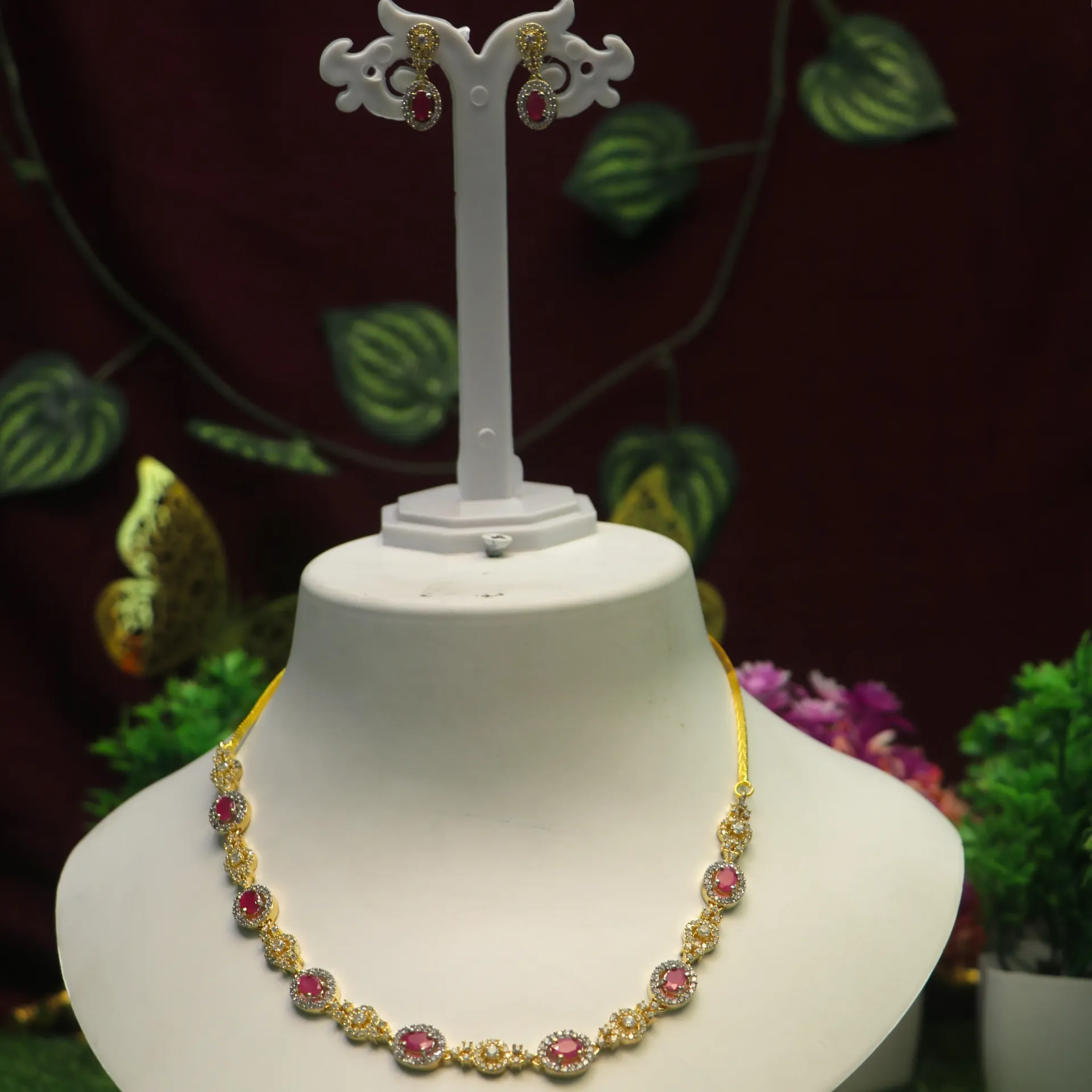 [NECKLACES-00159] Floral Ruby & AD Gold Plated Necklace Set