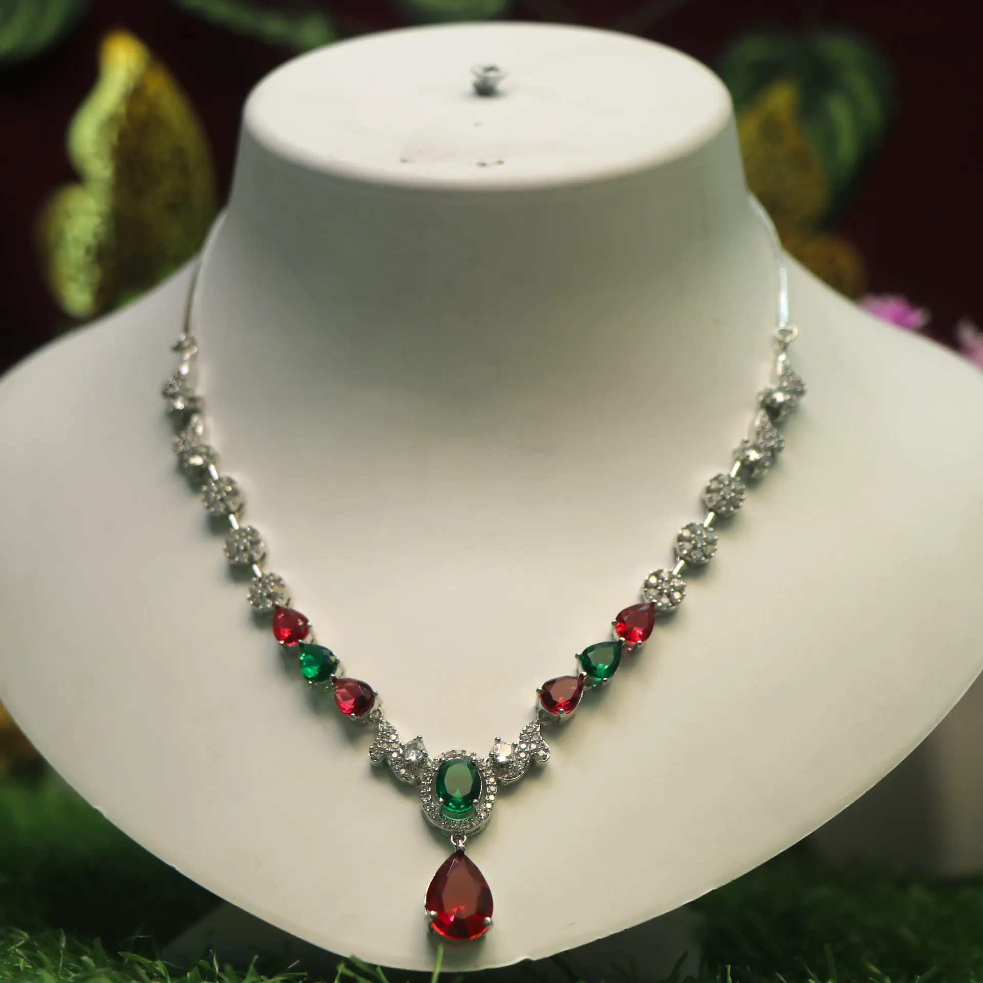 [NECKLACE-30003] AD Glistening Emerald & Ruby Floral Silver-Toned Festive Necklace