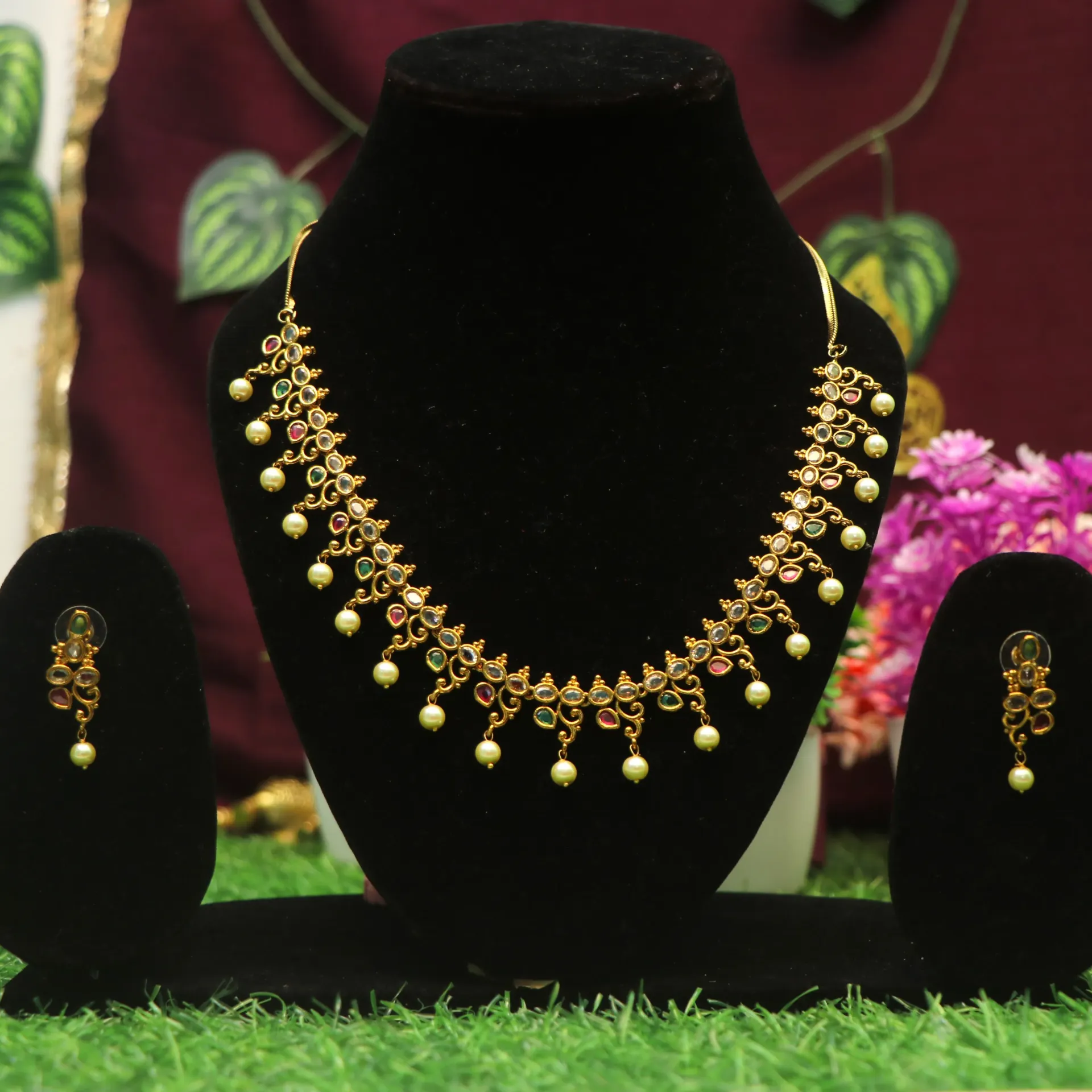 [NECKLACES-00355] AD Lustrous Emerald & Ruby Toned Ethnic Set