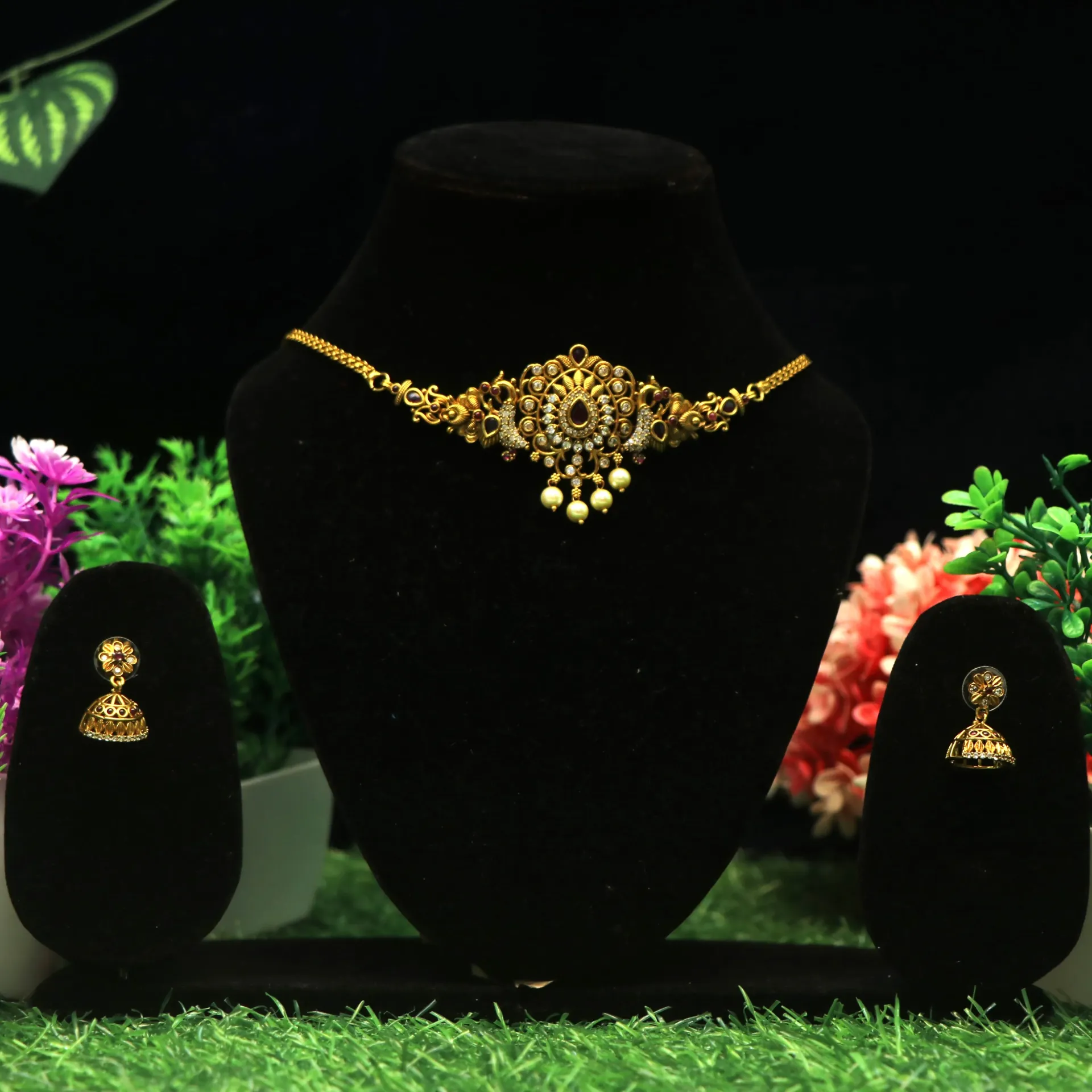 AD Peacock Majesty Antique Gold-Plated Choker Set with Jhumkas