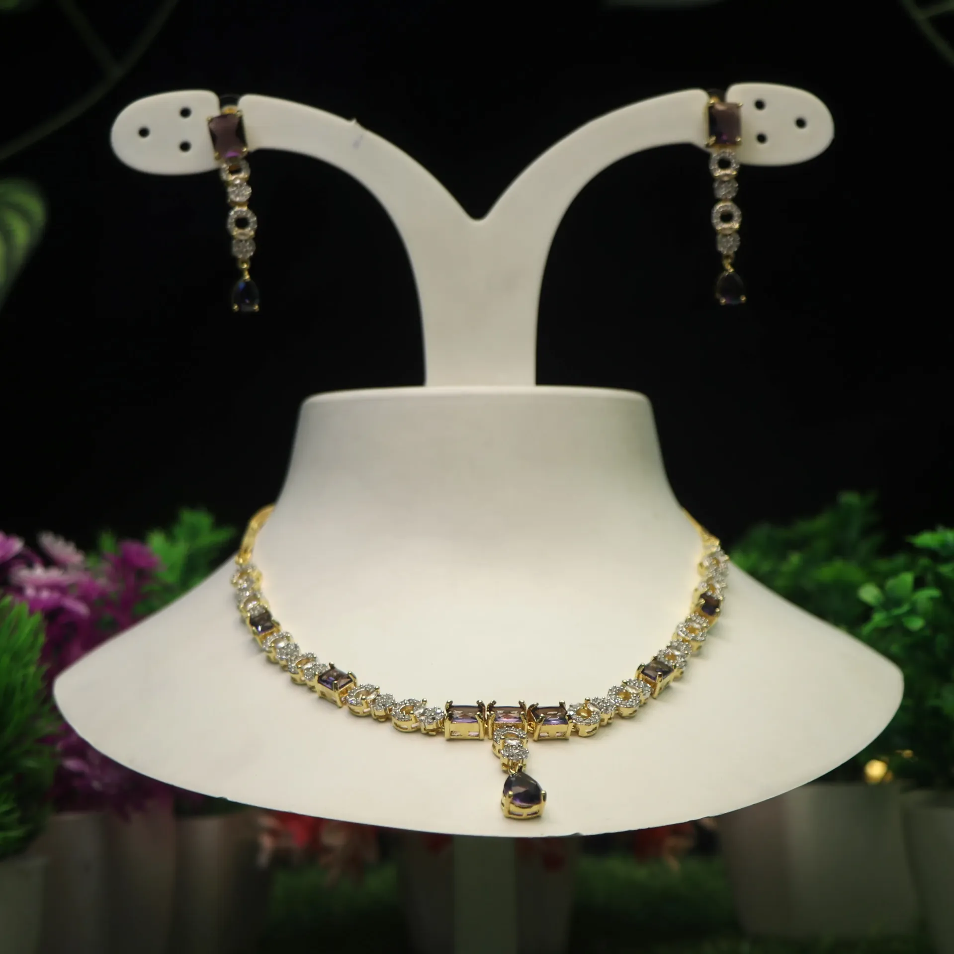 [NECKLACES-00167] AD Classic Baguette-Cut Amethyst Crystal Collar Necklace Set