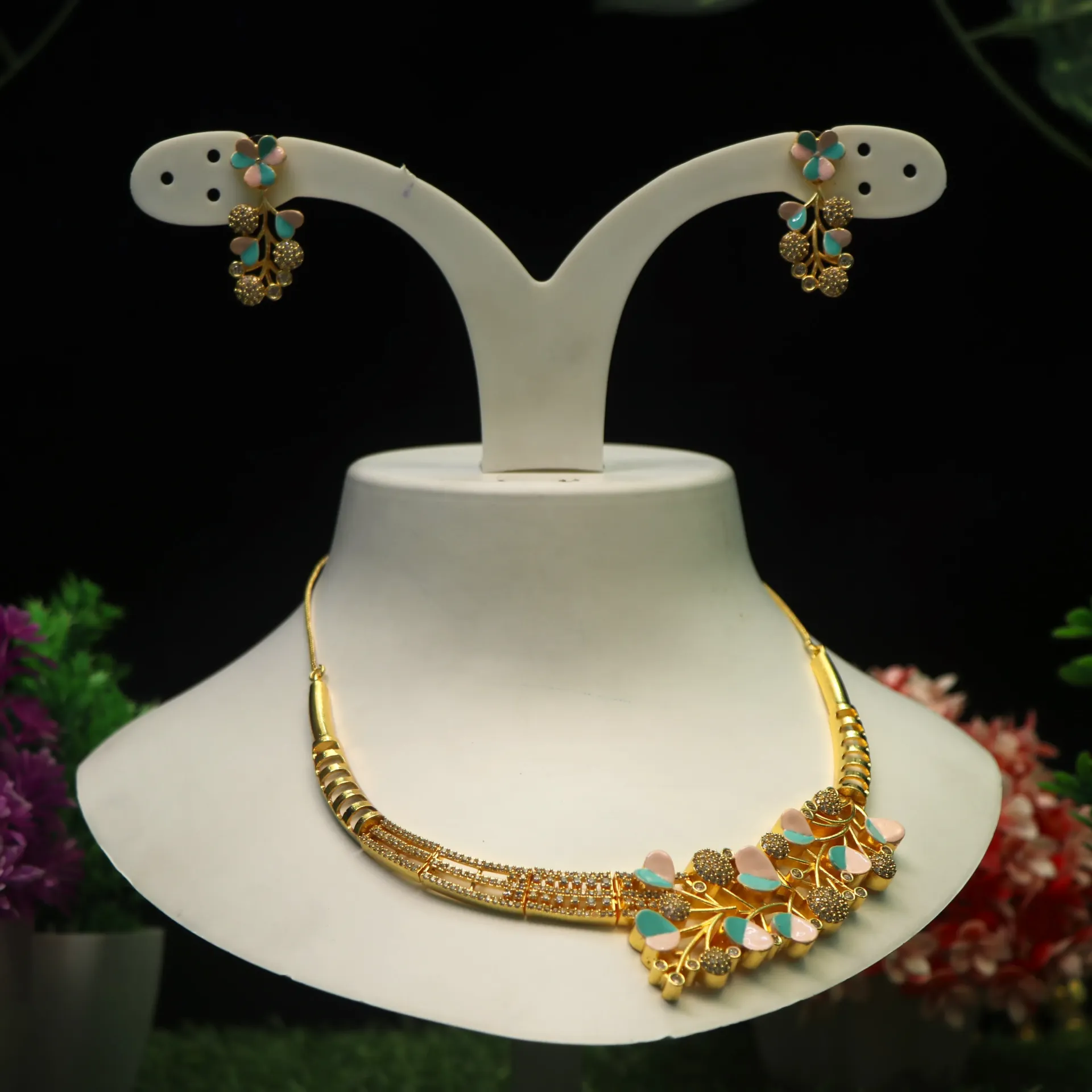 Ad Spring Blossom Meenakari Necklace in Gold Finish