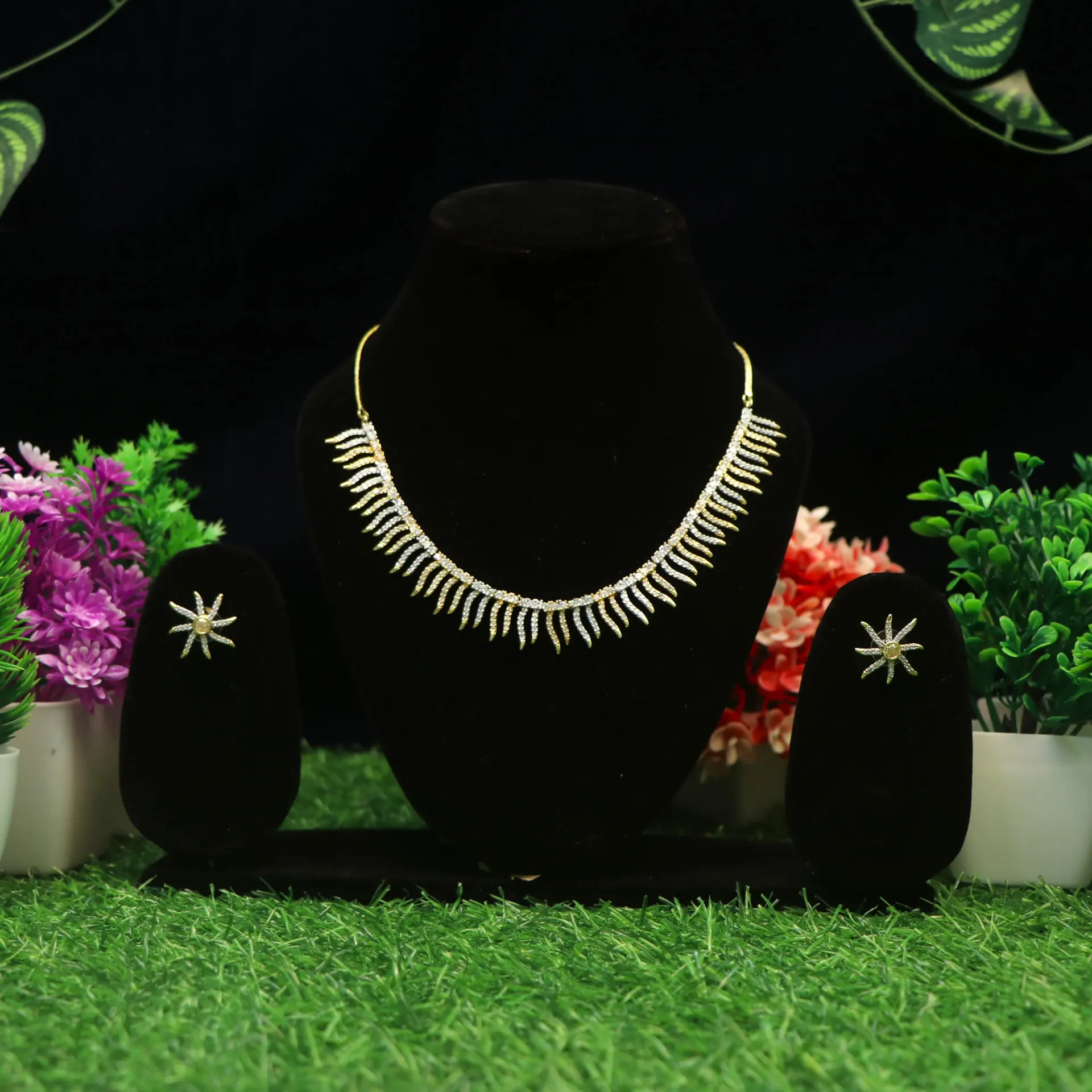 [NECKLACES-00180] AD Dazzling Starburst American Diamond Necklace Set