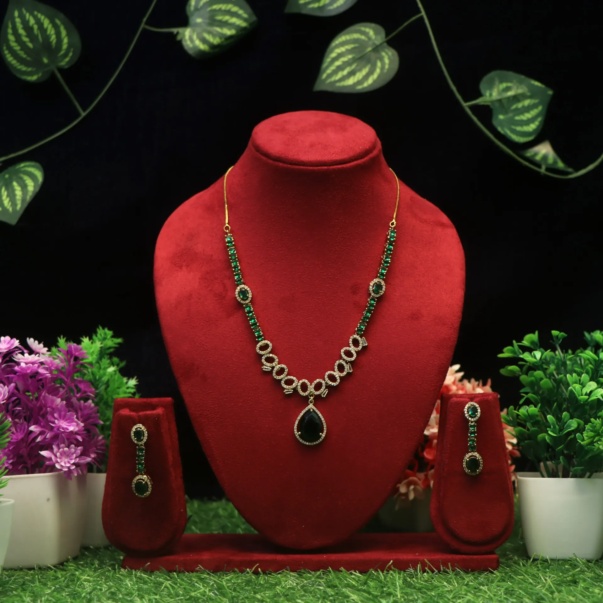 [NECKLACES-00182] AD Classic Green Leaf & Circular Link American Diamond Set