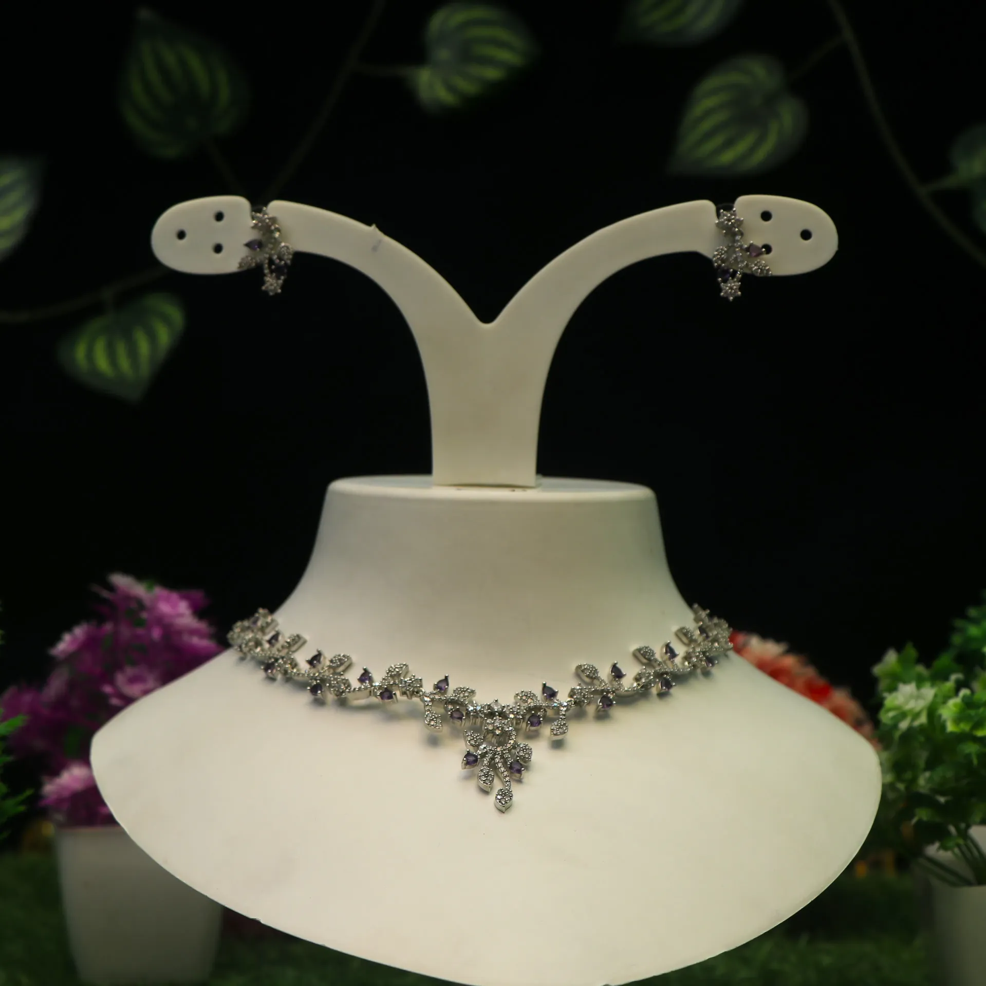 AD Lavender Leaf Rhodium-Plated American Diamond Choker Set