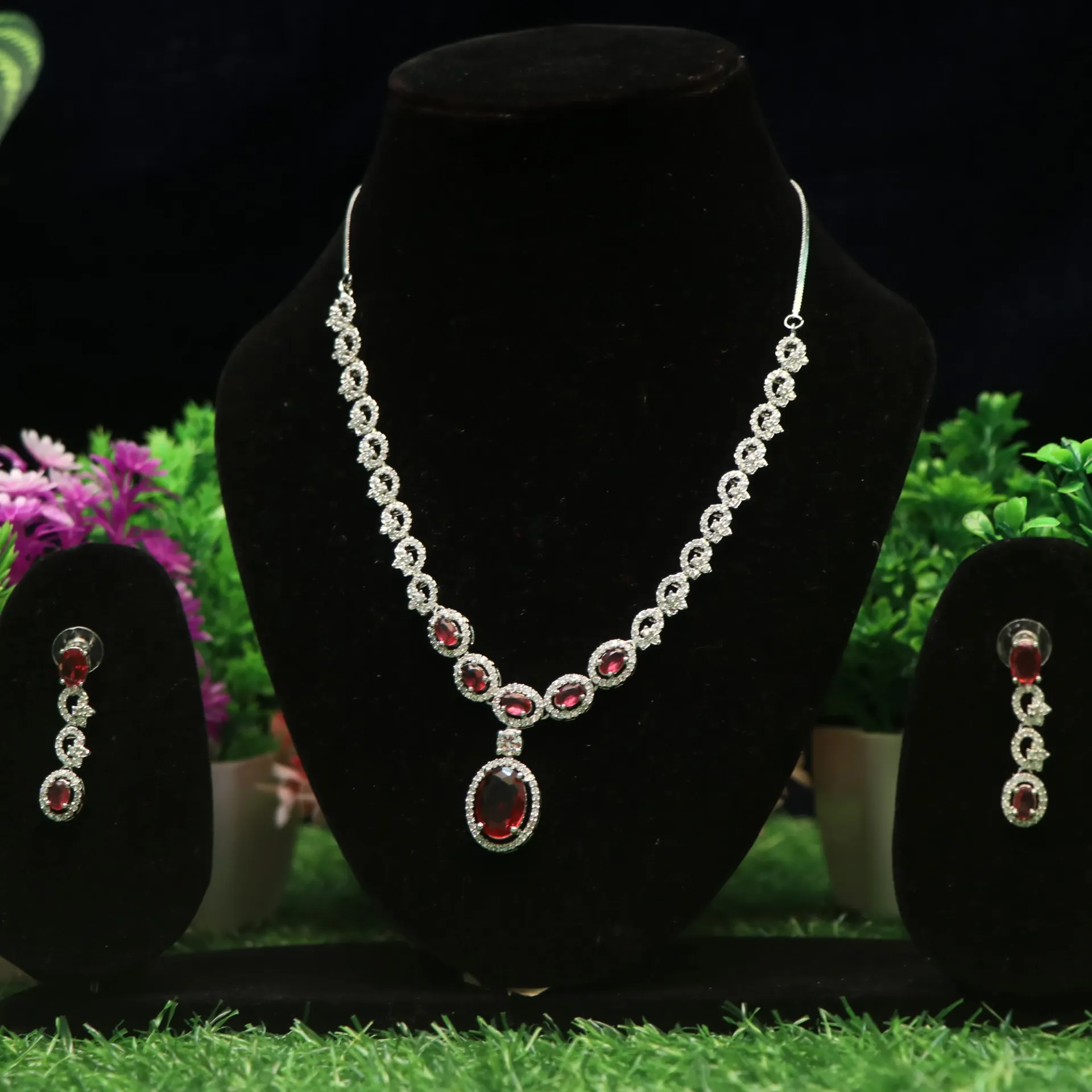[NECKLACES-01106] AD Sophisticated Scarlet Oval-Cut Rhodium Finished Necklace Set