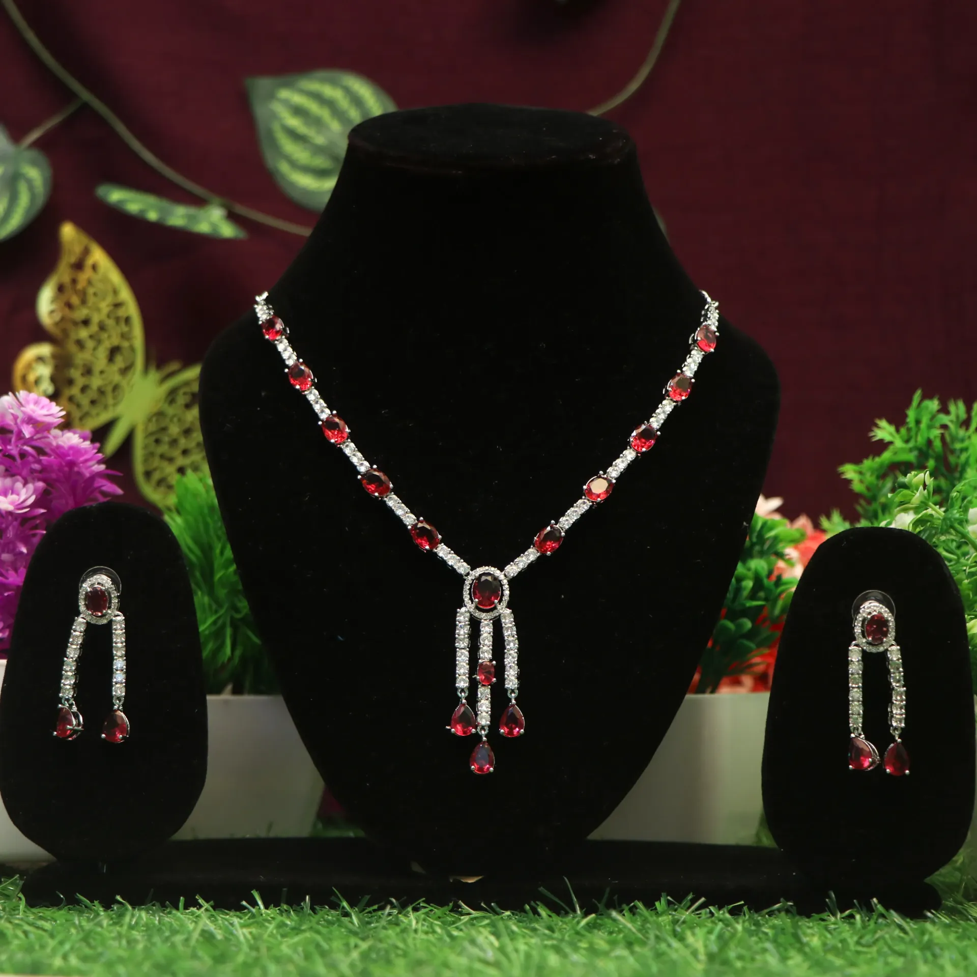 [NECKLACES-00194] AD Sterling Silver Finished Ruby Tassel Necklace Set
