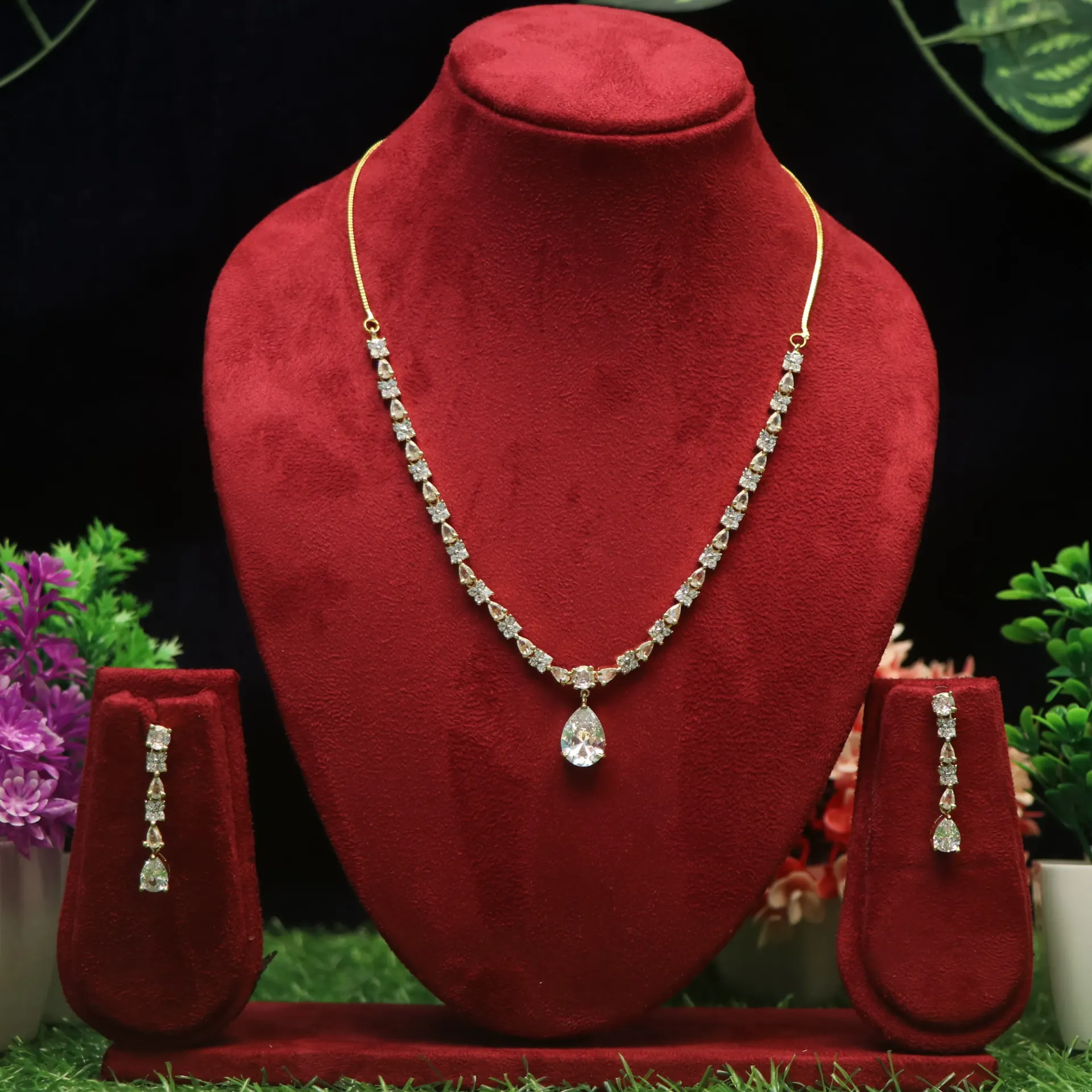 [NECKLACES-00195] Aura Floral-Laced AD Pendant Set with Matching Danglers