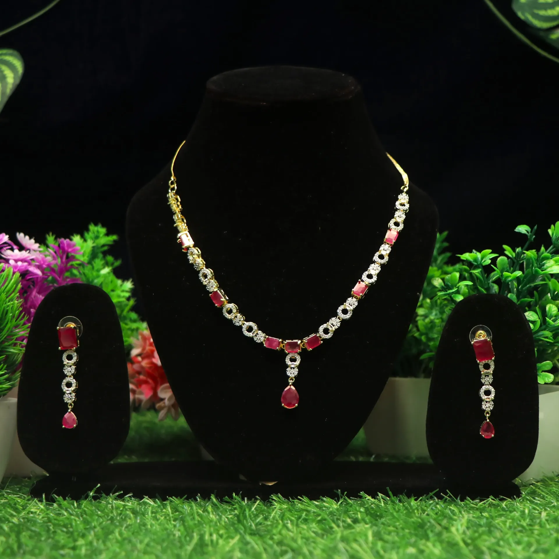 [NECKLACES-00198] Royal Ruby Tear-Drop AD Jewelry Set