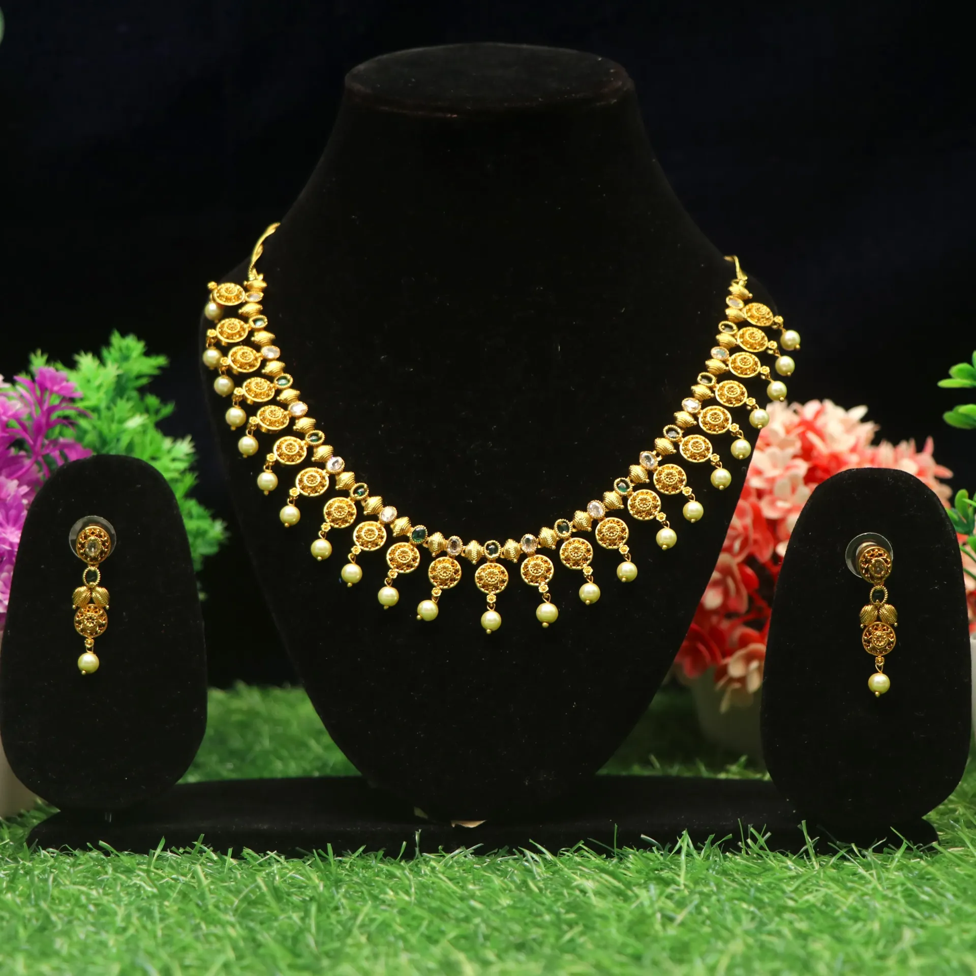 Graceful Pearl-Drip Antique Gold Necklace Set for Festive Wear