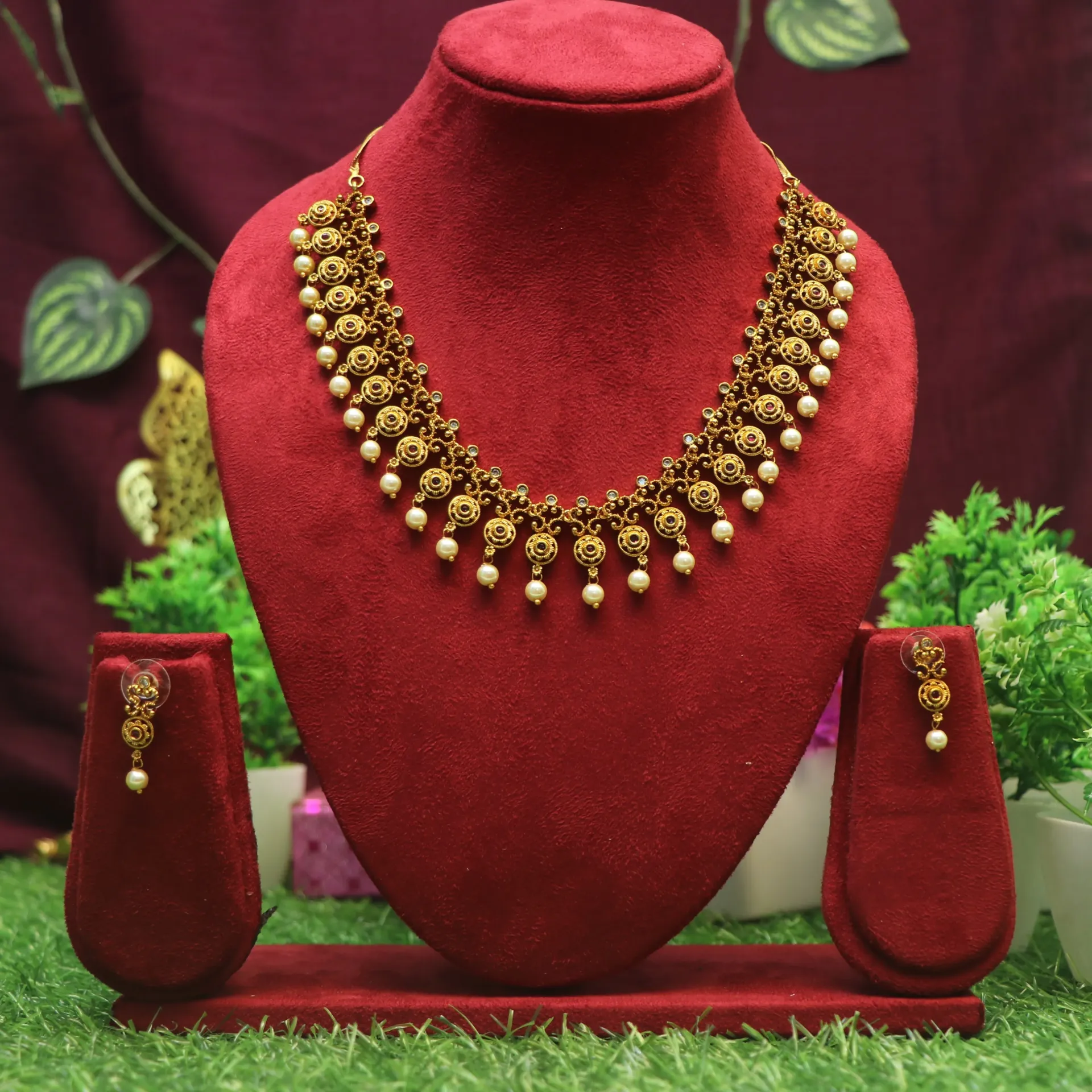 [NECKLACES-00200] AD Royal Maharashtrian Style Matte Gold Necklace Set for Wedding & Festive Wear