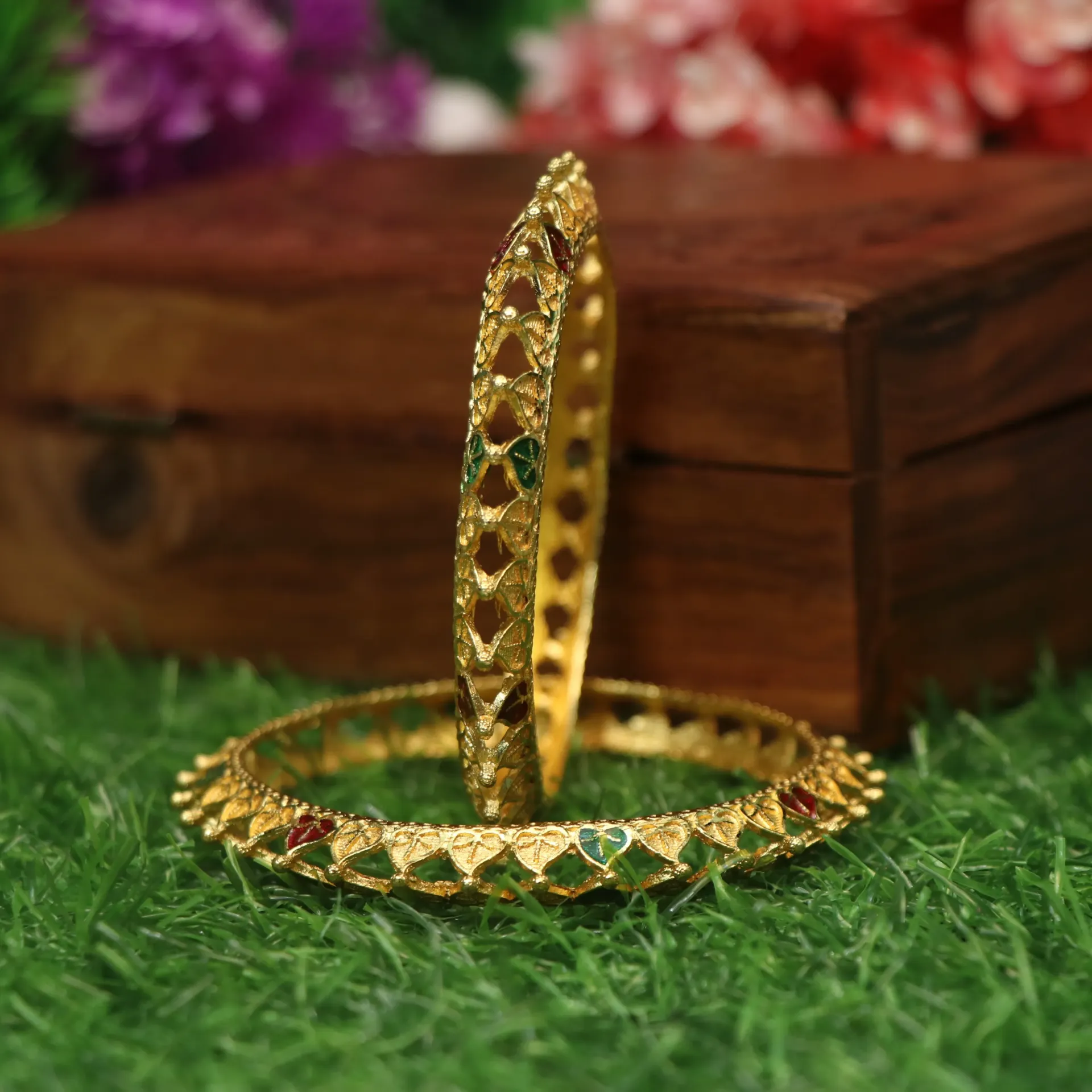 [BANGLES-00202] LT Gold-Polished Meena Work Bangles