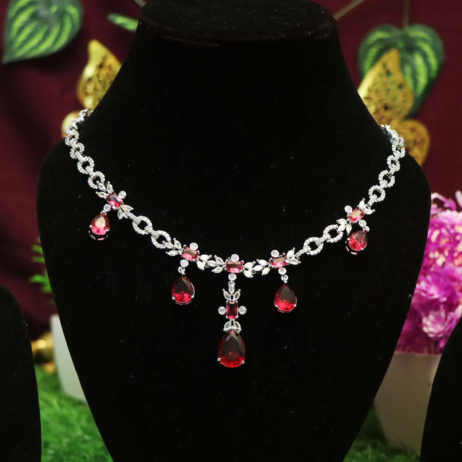 [NECKLACES-00212] AD Crimson Petal Grace Diamond Necklace (Red)