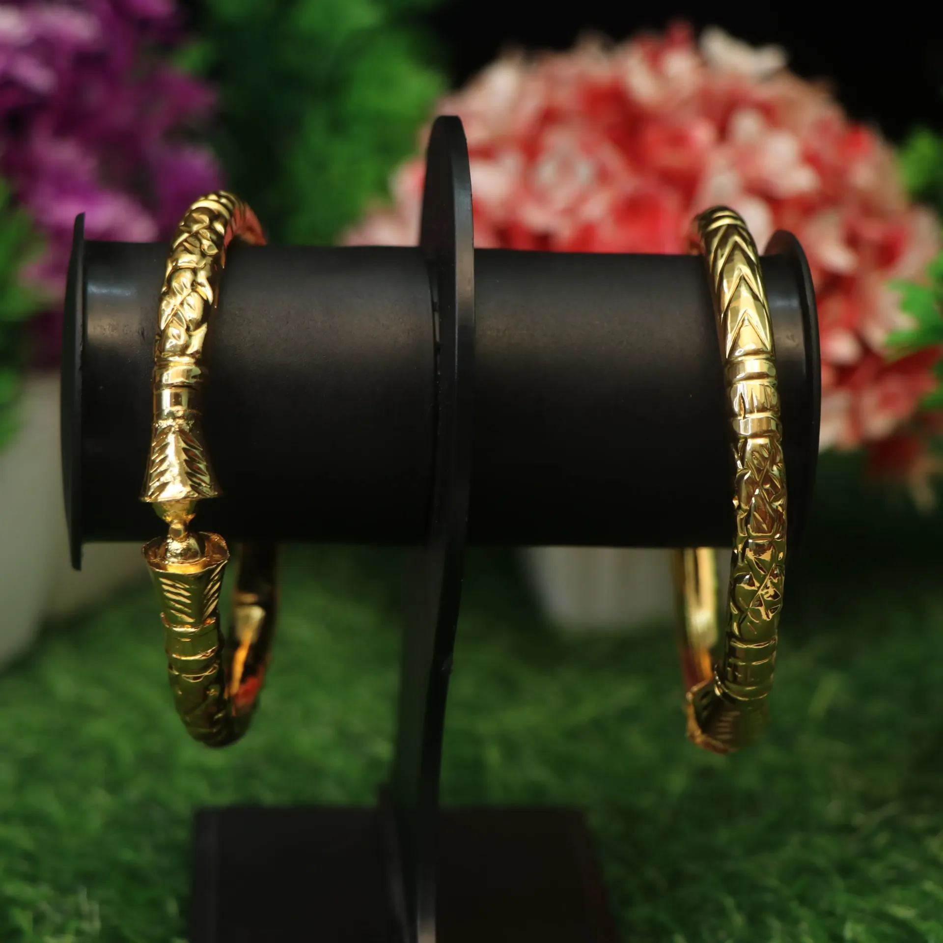 LT Temple Jewelry Style Intricate Carved Gold Kada