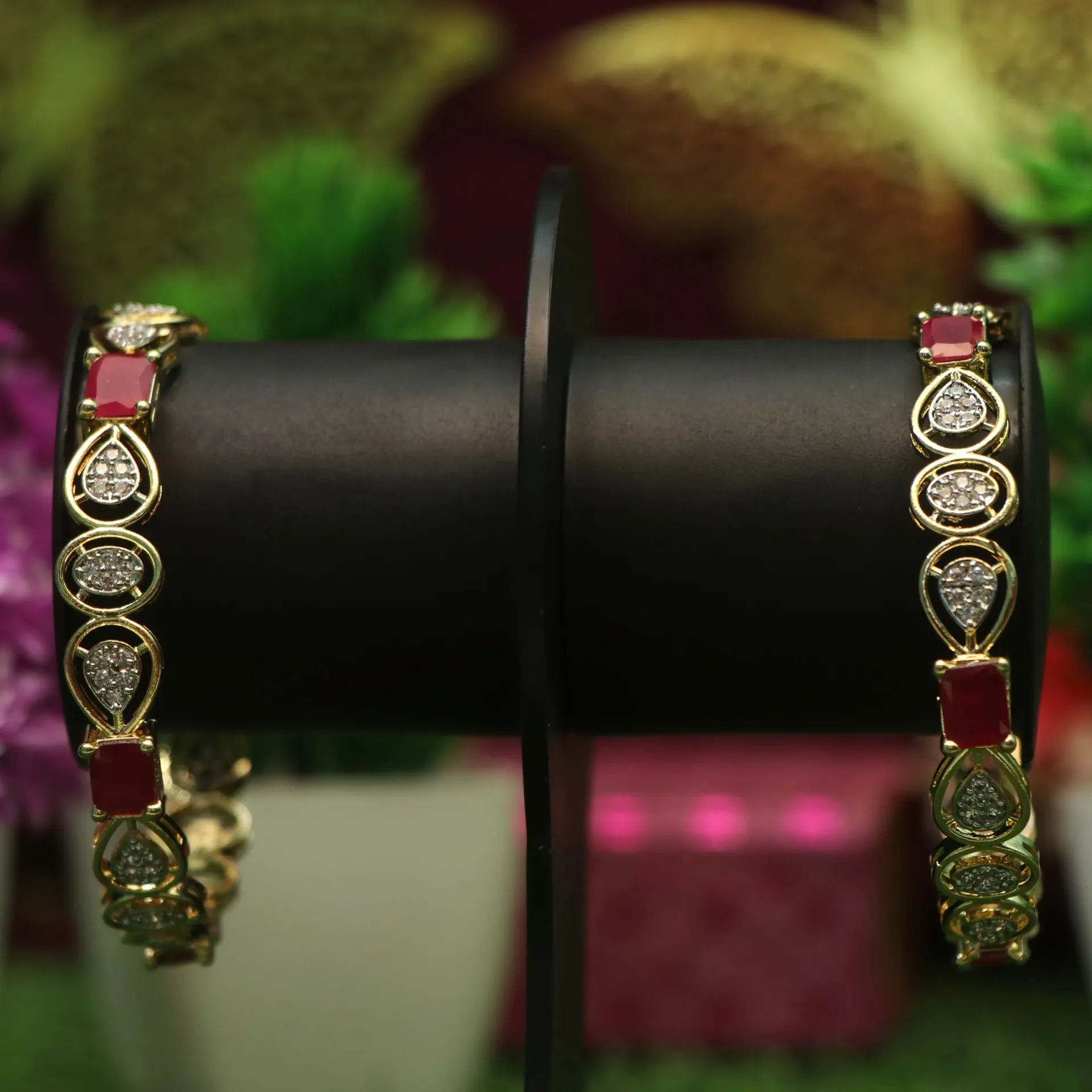 [BANGLES-00350] AD Ethnic Maroon & White American Diamond Teardrop Kada Set (24)