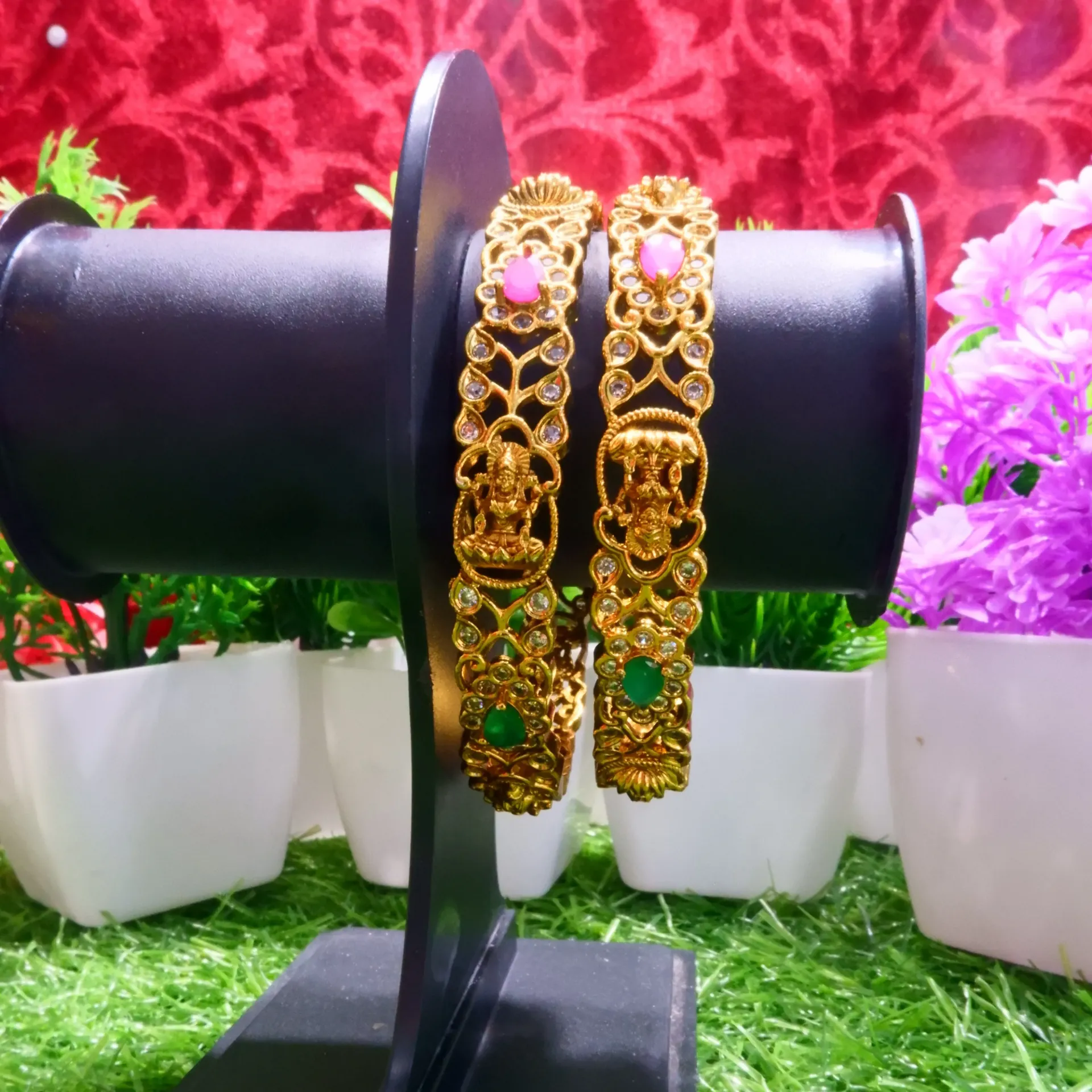 [BANGLES-00366] AD Goddess Lakshmi Motif Temple Bangles with Kemp Stones (24)