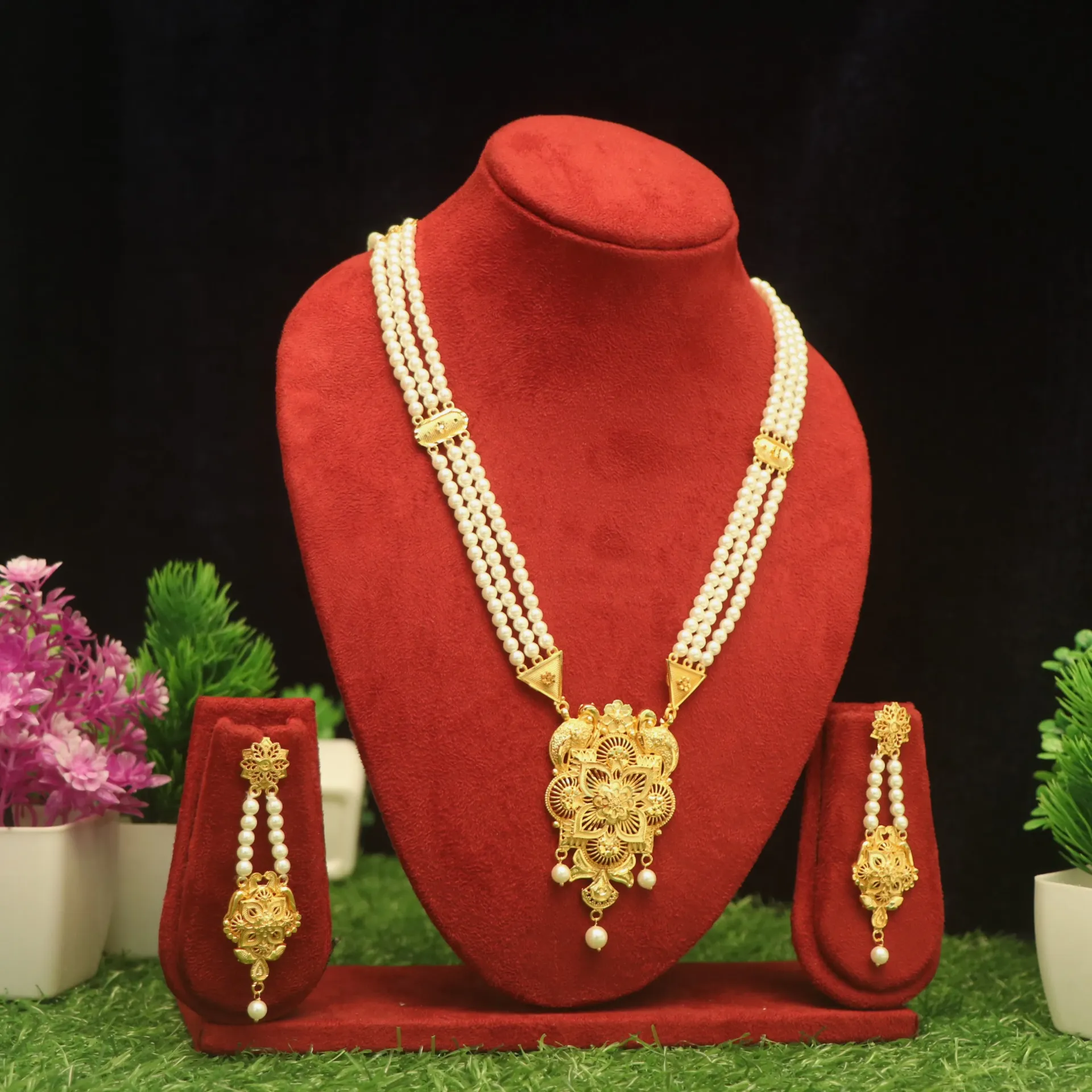 [NECKLACES-00430] Shreehari Victorian-Inspired Pearl Droplet Necklace with Matching Danglers