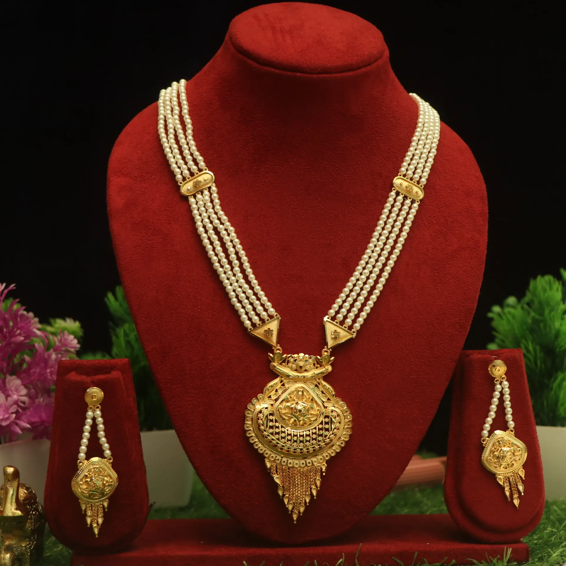 [NECKLACES-00431] Shreehari Aishwarya Heritage Gold-Plated Pearl Chandelier Set