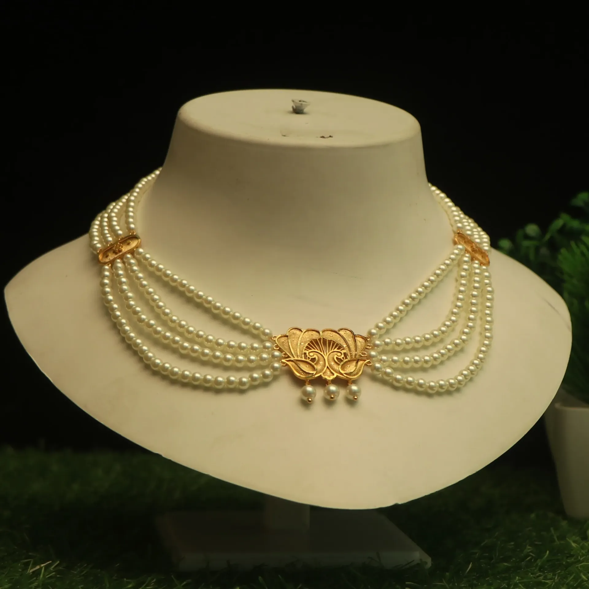 [NECKLACES-00438] Shreehari Classic White Pearl 4-Strand Butterfly Motif Choker
