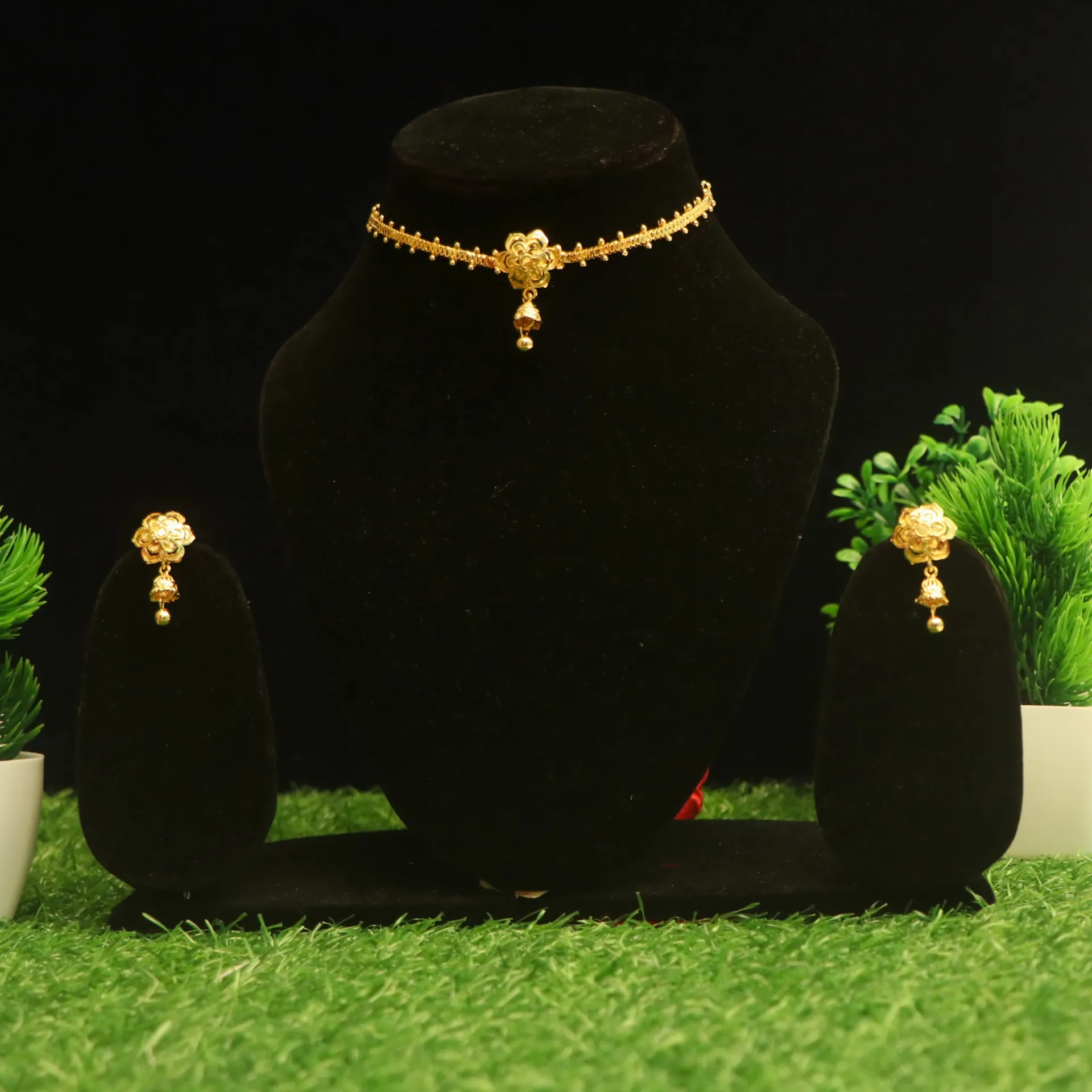 [NECKLACES-00442] Shreehari Classic Bloom Gold-Finish Thin Choker with Jhumka Studs