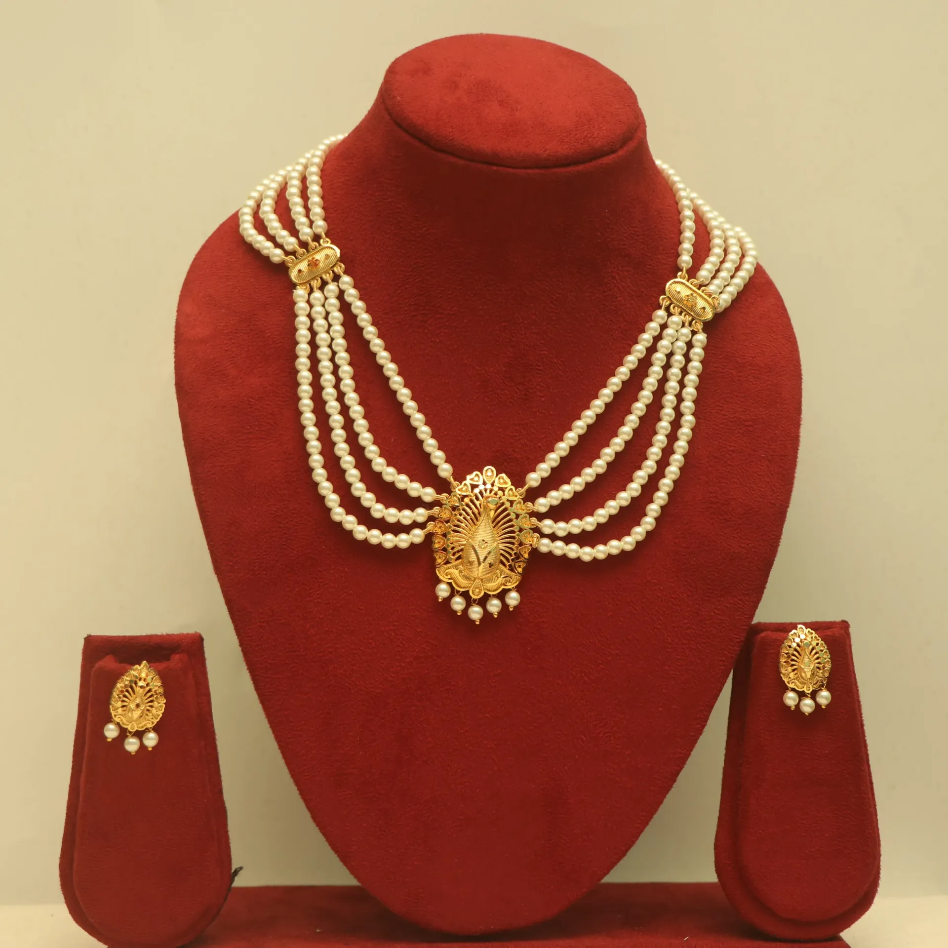[NECKLACES-00458] Shreehari Vighnaharta Ganesha Five-Layer Pearl Choker Necklace Set
