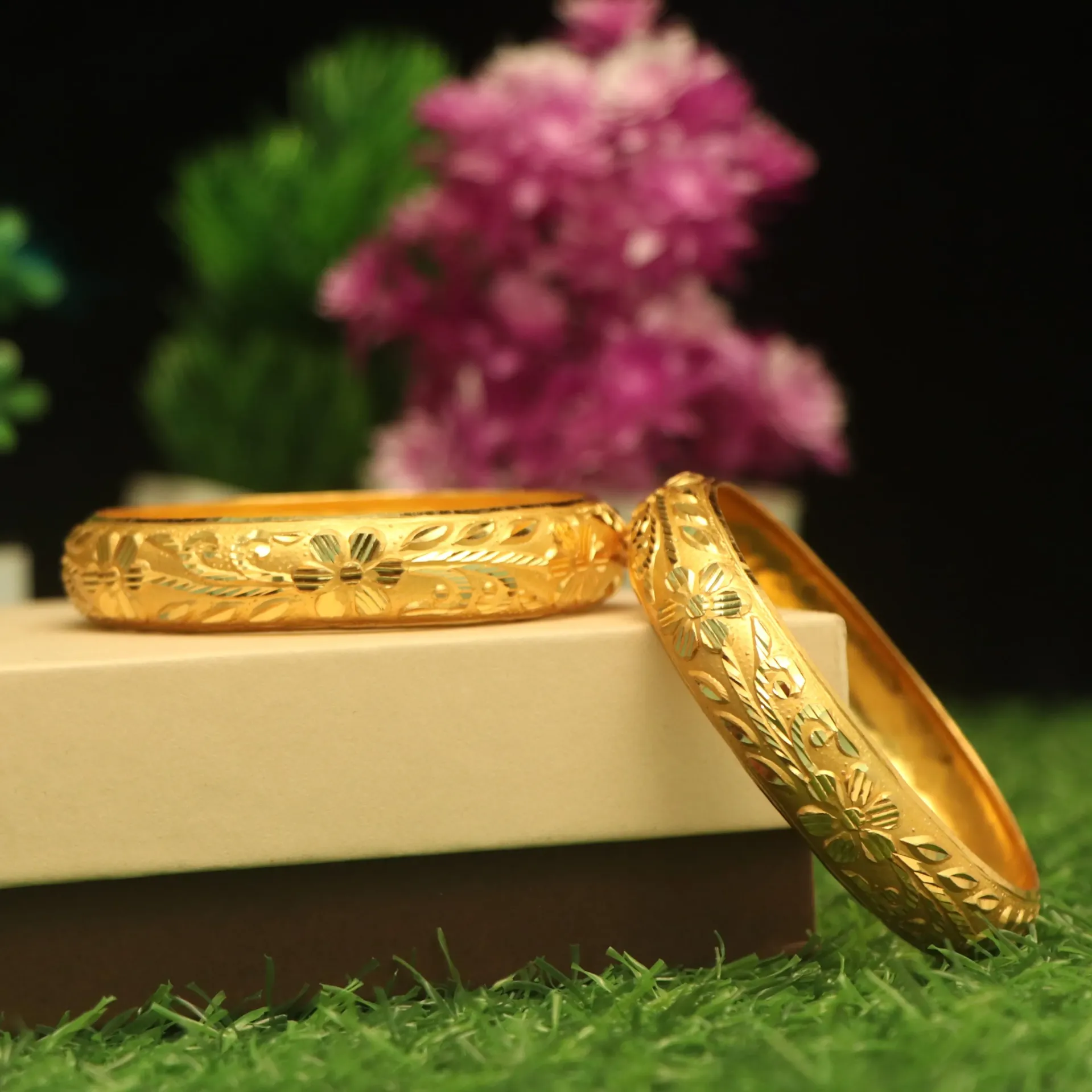 [BANGLES-00478] Shreehari Mohini Rounded Floral-Stamp Gold-Tone Bangle