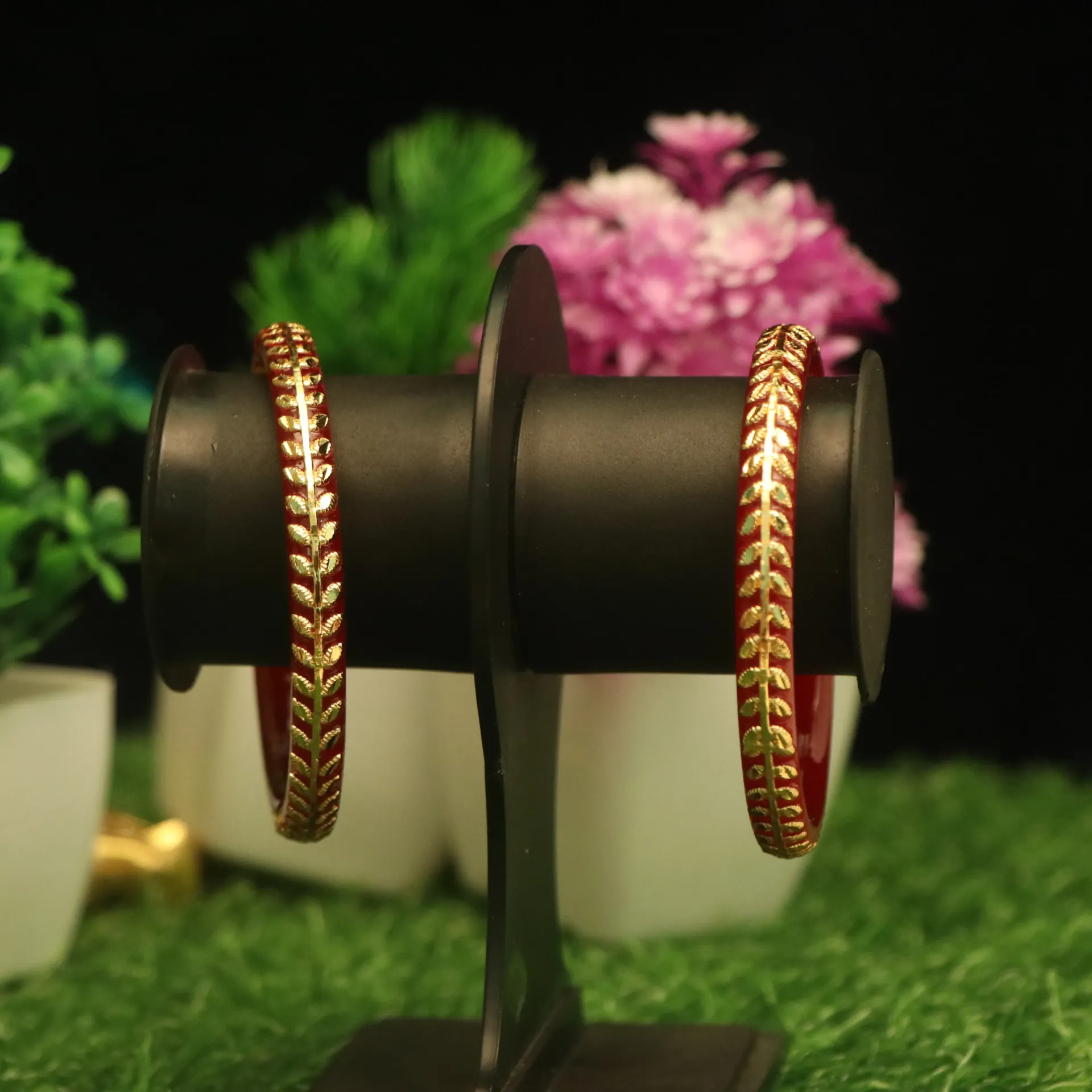 [BANGLES-00515] Shreehari Ethereal Leaf-Inlay Gold-Plated Pola  Traditional Bangles (24)
