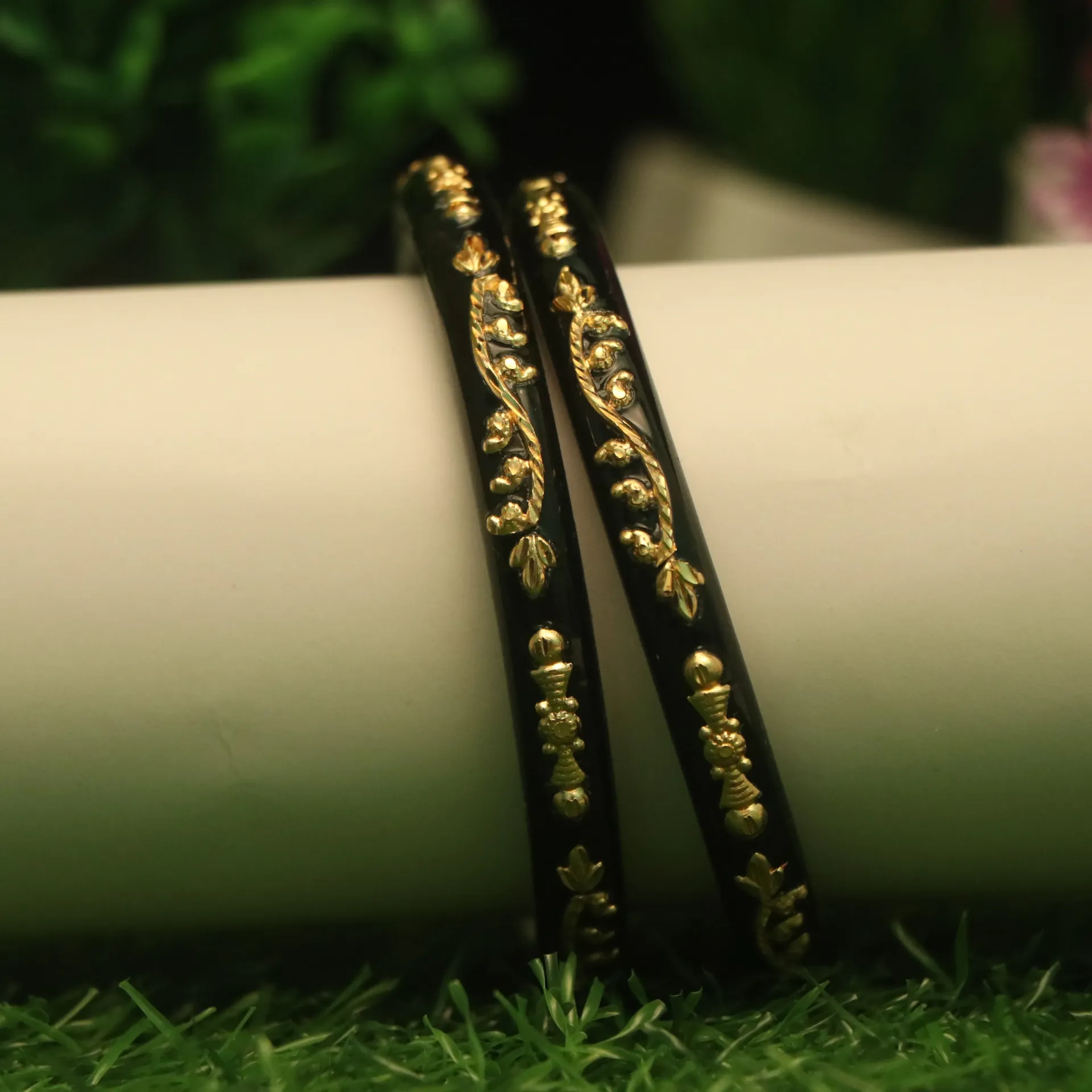[BANGLES-00518] Shreehari Handcrafted Gold-Toned Black Acrylic Bangles (24)