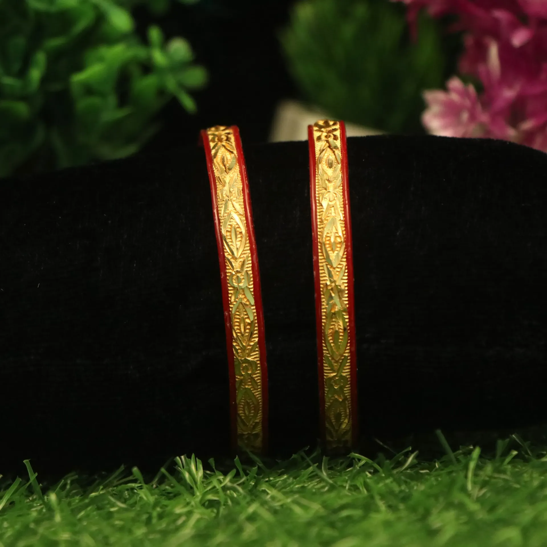 Shreehari Classic Red Pola Bangles with Gold-Plated Floral Inlay