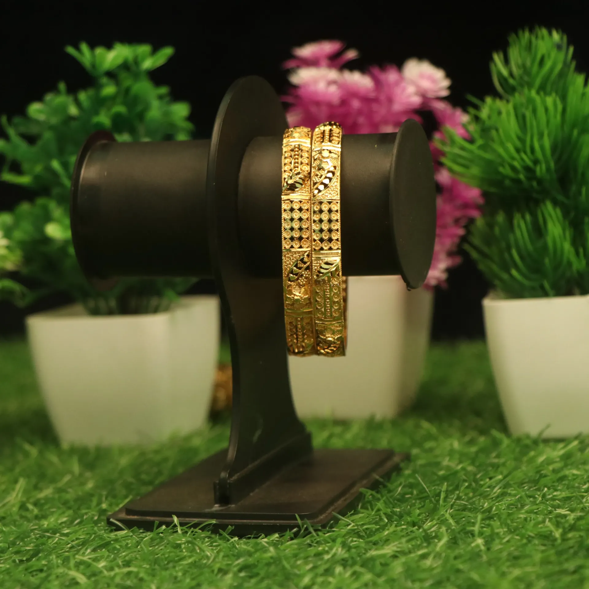 Shreehari Designer Ornate Filigree Floral Gold-Toned Bangle Set