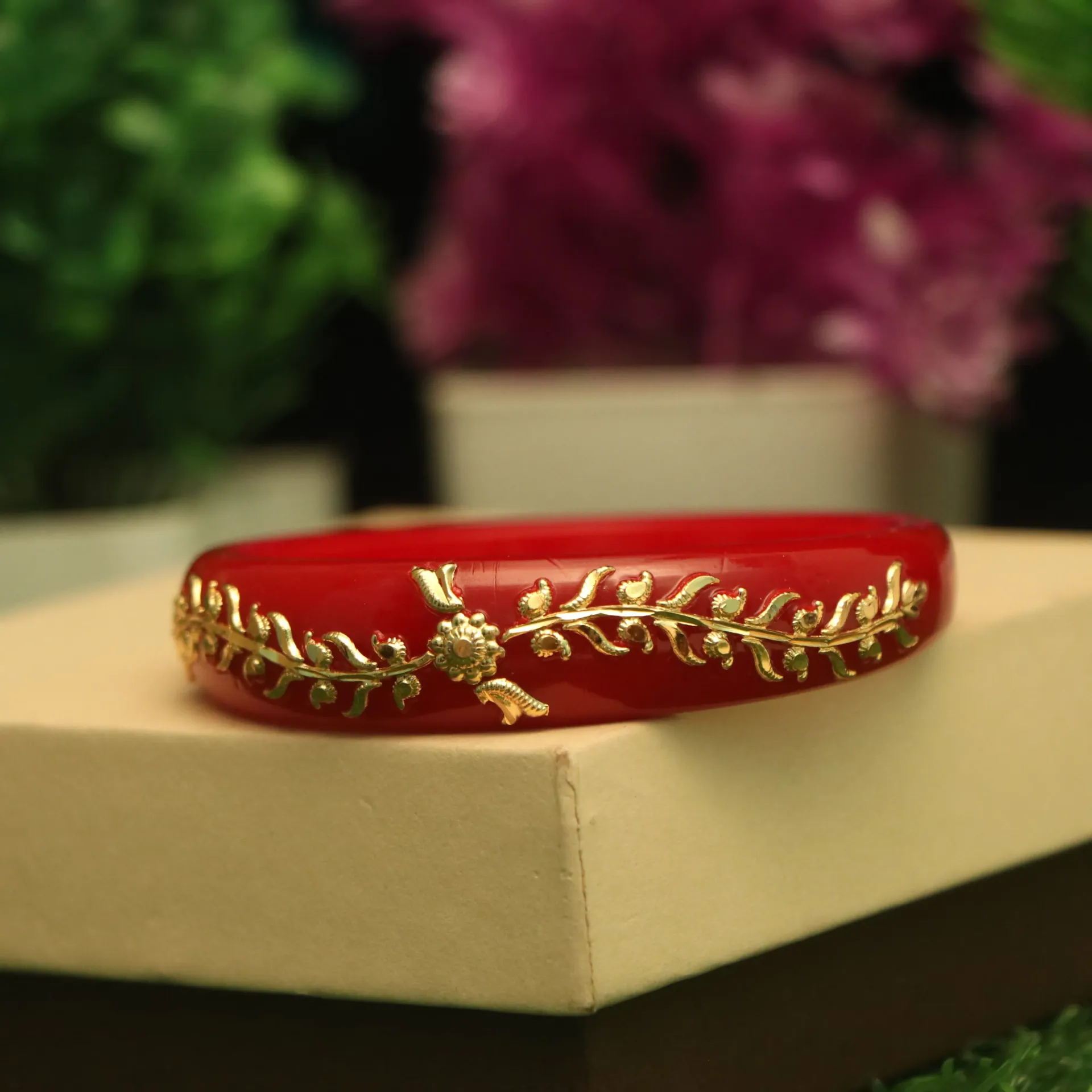 Shreehari Mayuri Leafy Gold-Tone Polished Red Enamel Bangle