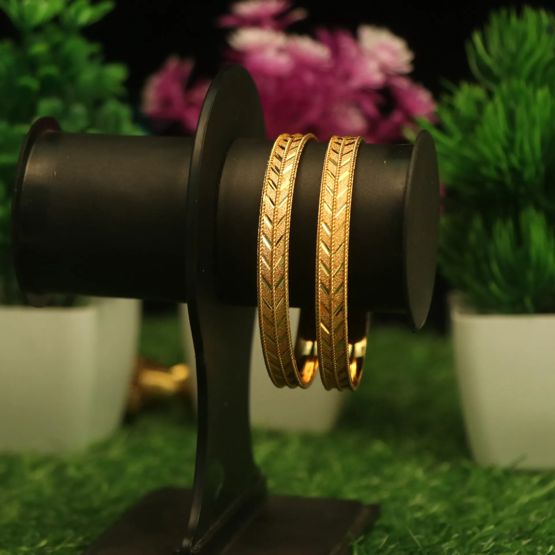 Shreehari Modern Gold Plated Chevron Pattern Matte Bangle Set