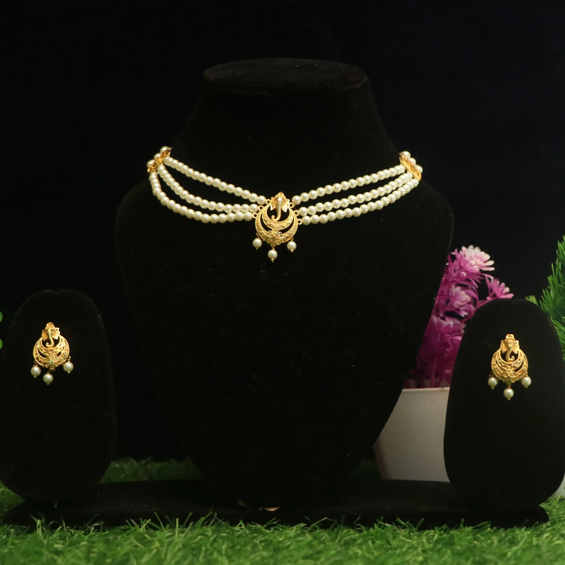 [NECKLACES-00546] Shreehari Three-Layer Pearl Choker Set with Gold-Plated Ganesha Pendant