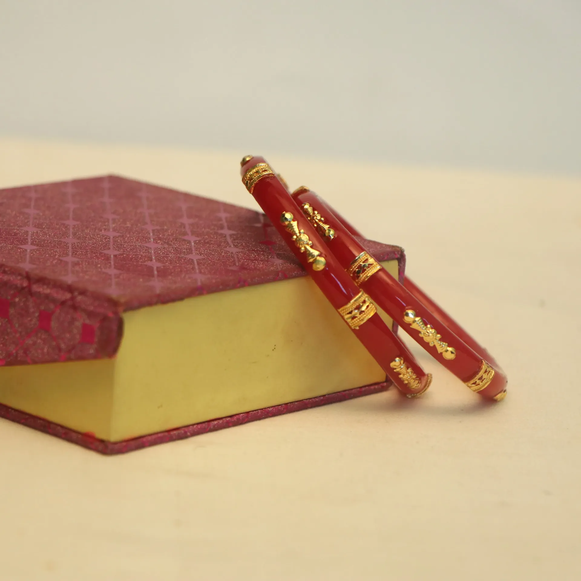 [BANGLES-00547] Shreehari Traditional Gold Plated 'Dana-Lata' Red Pola Bangle (24)
