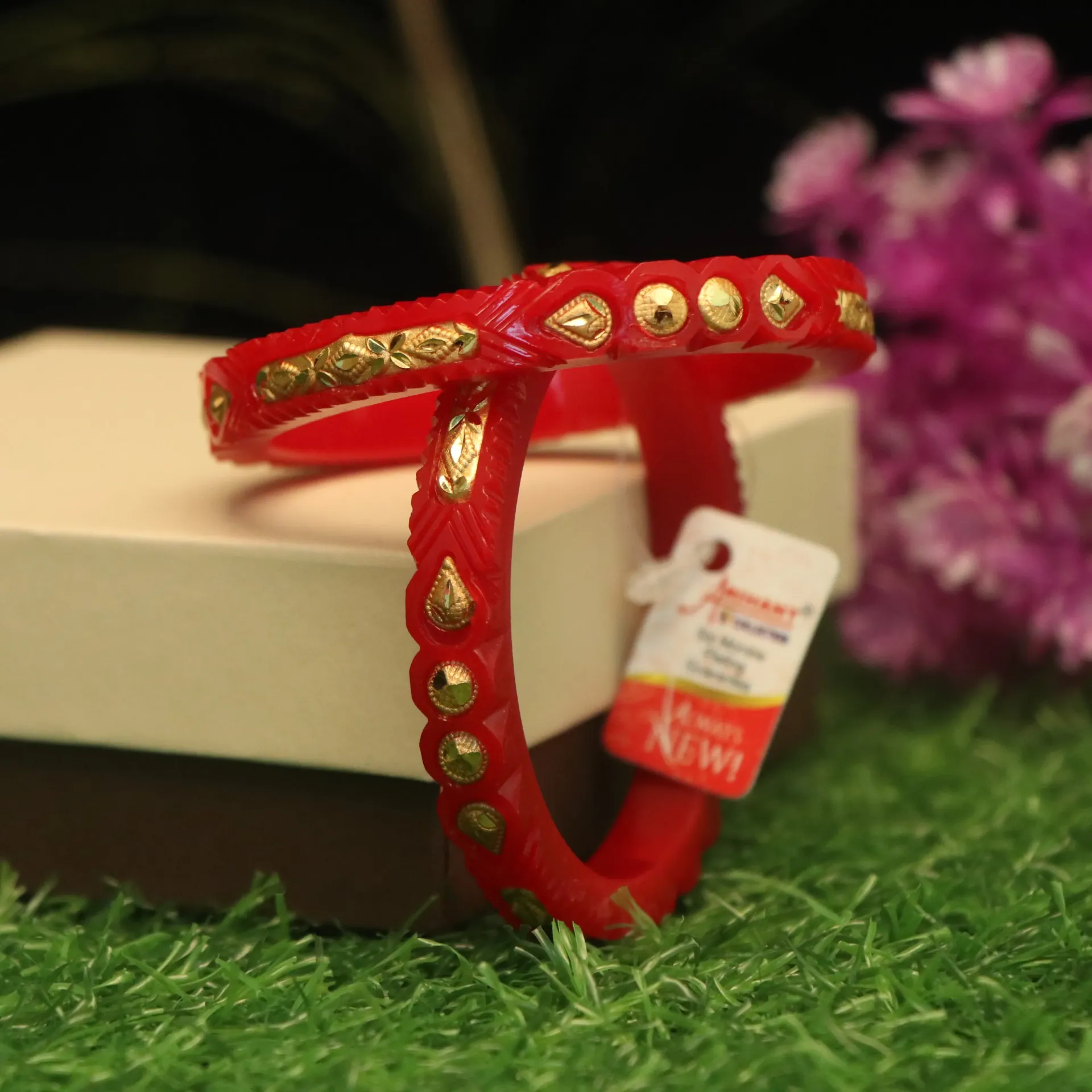 [BANGLES-00610] Arihant Maharani Mandap-Style Gold-Embossed Crimson Pola Bangles