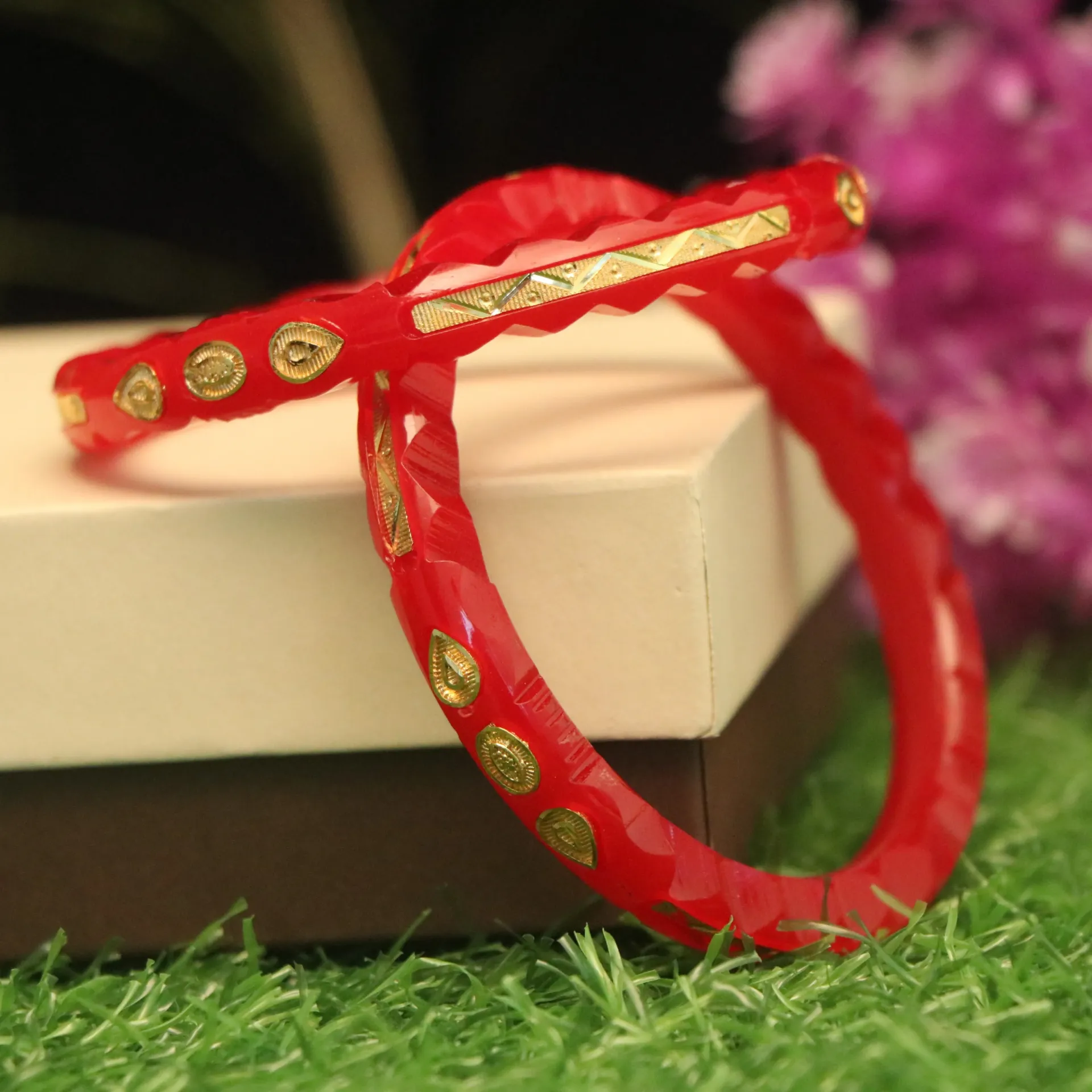 [BANGLES-00966] Arihant Bridal Red Acrylic Pola Set with Intricate Gold Inlays