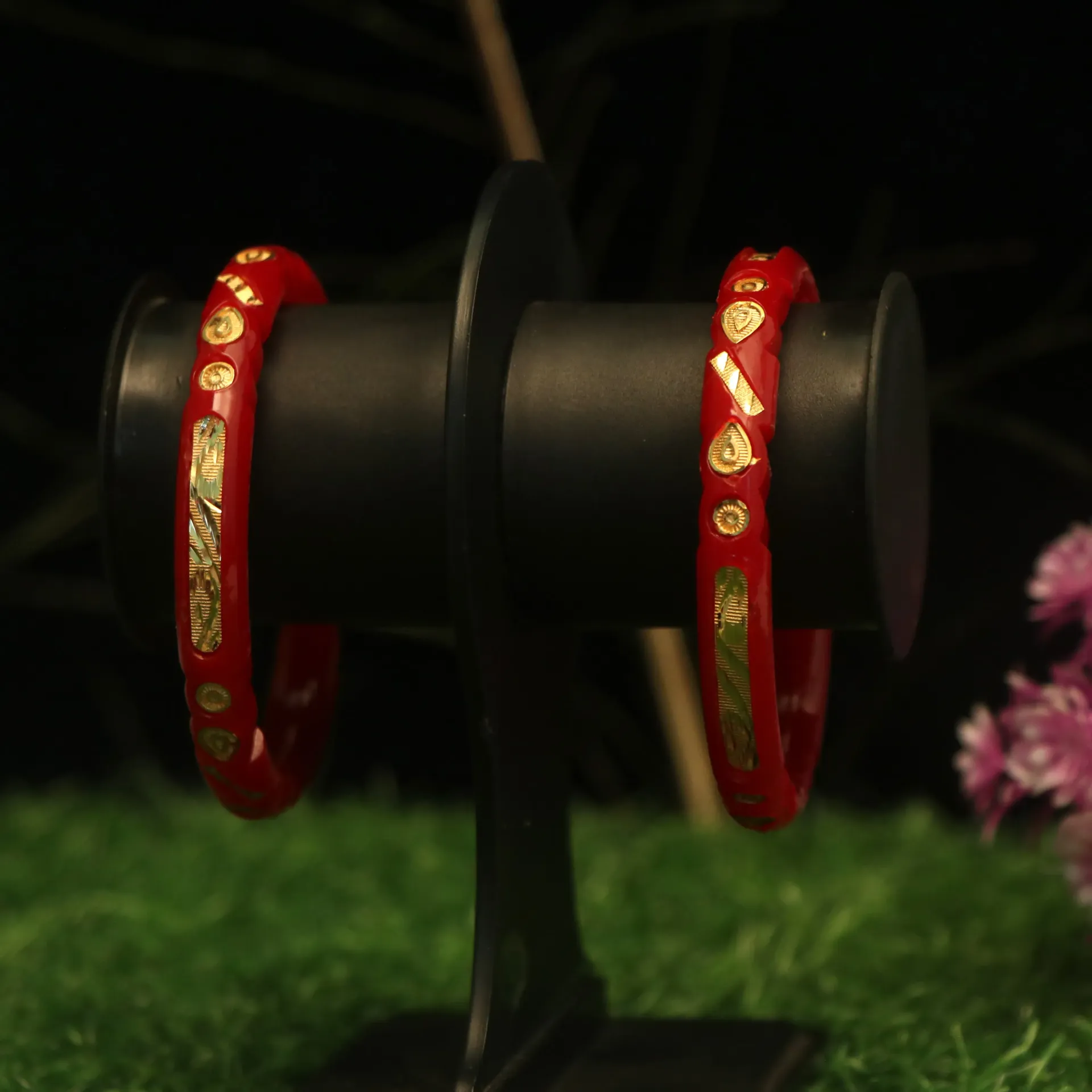 Arihant Bridal Special Red Coral Pola Bangles with Intricate Leaf Inlays